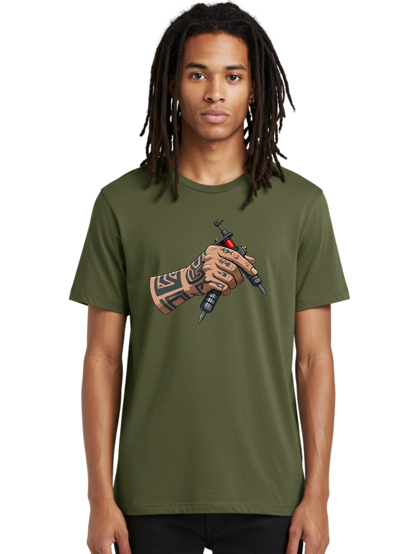 Tattooed-Hand-Holding-Tattoo-Machines Men'S Graphic Tee, 100% Cotton, Comfortable Casual Summer Wear, Machine Washable, Tattooed Hand, Tattoo Machines, Body Art, Ink, Tattoo Artist, Tribal Patterns, Black Ink, Graphic Illustration, Bad827
