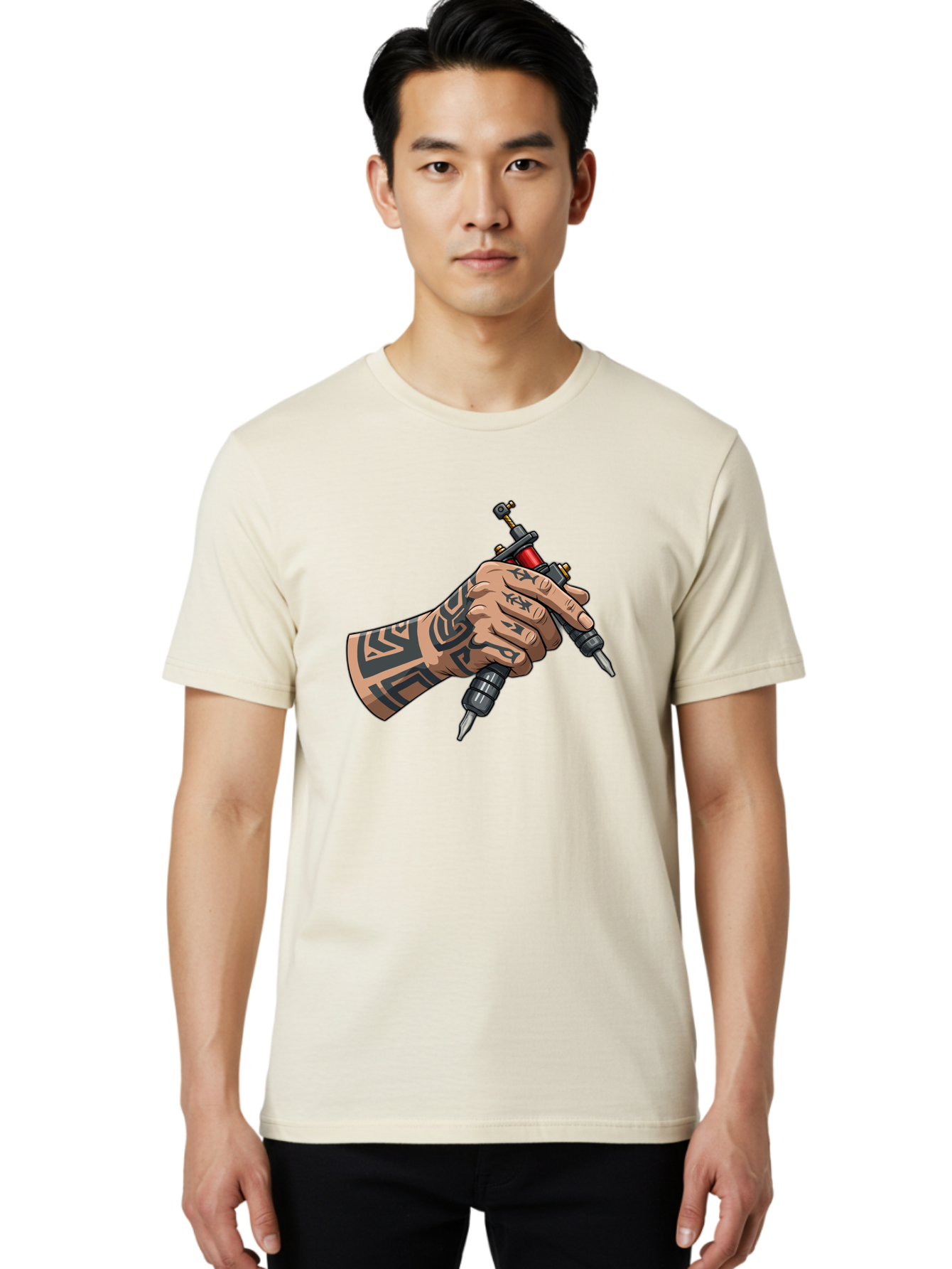 Tattooed-Hand-Holding-Tattoo-Machines Men'S Graphic Tee, 100% Cotton, Comfortable Casual Summer Wear, Machine Washable, Tattooed Hand, Tattoo Machines, Body Art, Ink, Tattoo Artist, Tribal Patterns, Black Ink, Graphic Illustration, Bad827