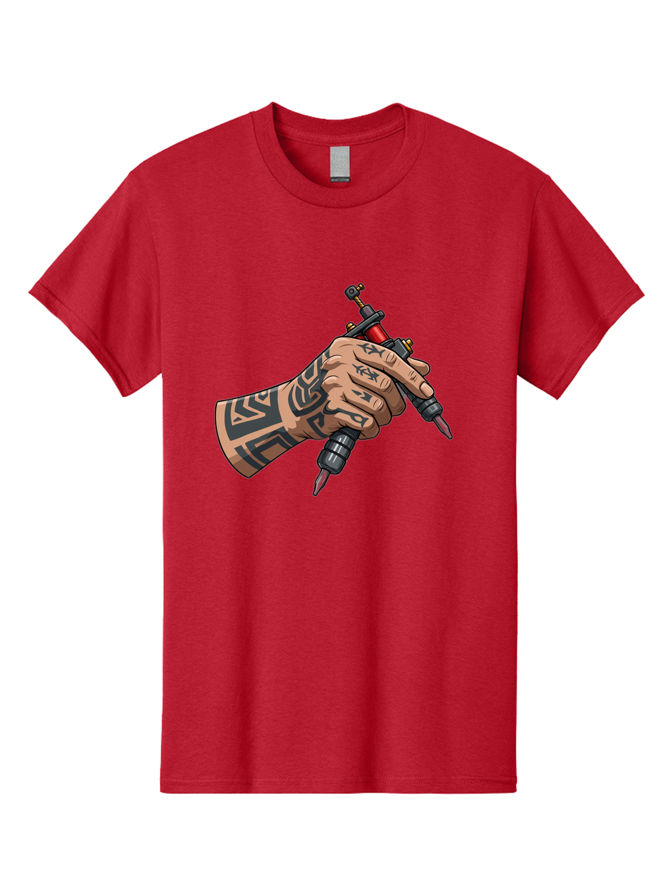 Tattooed-Hand-Holding-Tattoo-Machines Men'S Graphic Tee, 100% Cotton, Comfortable Casual Summer Wear, Machine Washable, Tattooed Hand, Tattoo Machines, Body Art, Ink, Tattoo Artist, Tribal Patterns, Black Ink, Graphic Illustration, Bad827