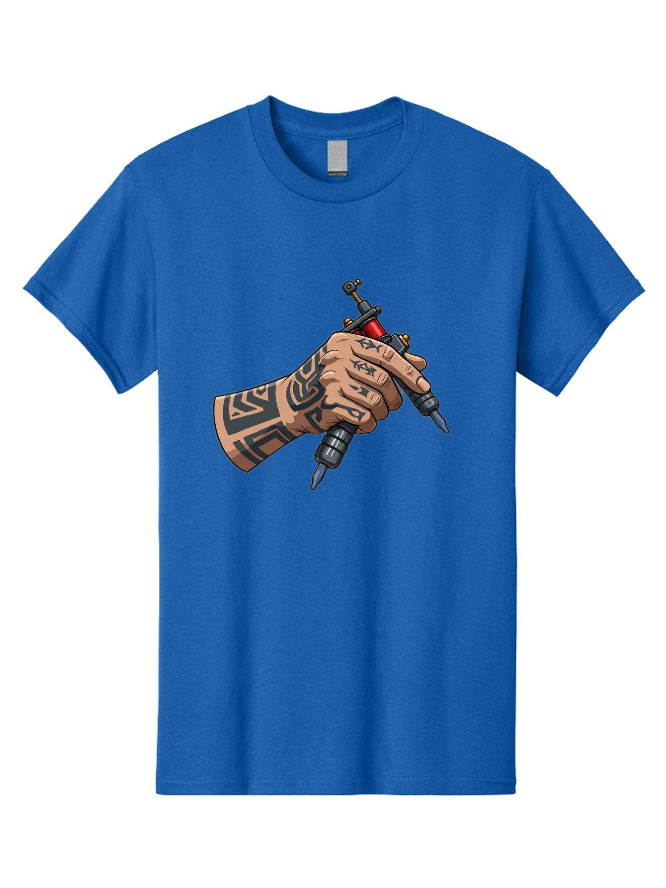 Tattooed-Hand-Holding-Tattoo-Machines Men'S Graphic Tee, 100% Cotton, Comfortable Casual Summer Wear, Machine Washable, Tattooed Hand, Tattoo Machines, Body Art, Ink, Tattoo Artist, Tribal Patterns, Black Ink, Graphic Illustration, Bad827