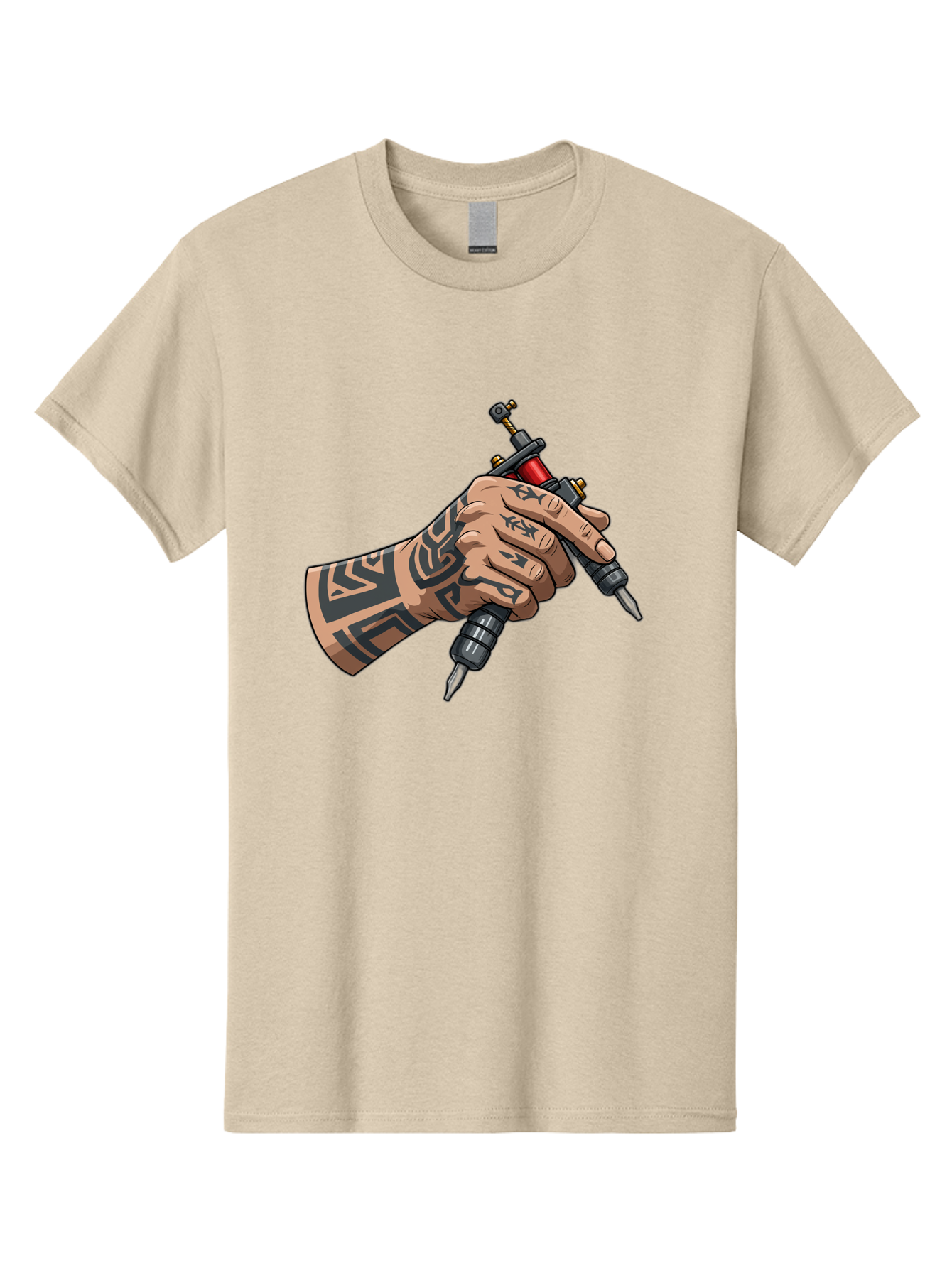 Tattooed-Hand-Holding-Tattoo-Machines Men'S Graphic Tee, 100% Cotton, Comfortable Casual Summer Wear, Machine Washable, Tattooed Hand, Tattoo Machines, Body Art, Ink, Tattoo Artist, Tribal Patterns, Black Ink, Graphic Illustration, Bad827