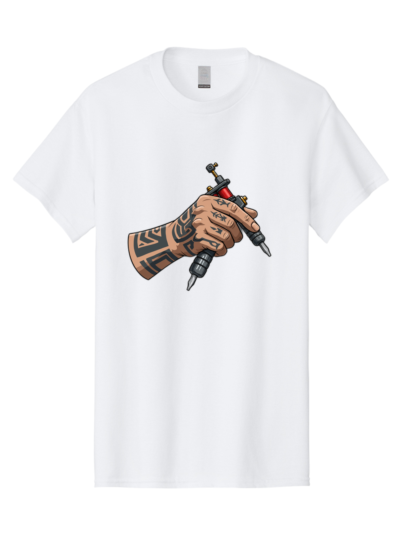Tattooed-Hand-Holding-Tattoo-Machines Men'S Graphic Tee, 100% Cotton, Comfortable Casual Summer Wear, Machine Washable, Tattooed Hand, Tattoo Machines, Body Art, Ink, Tattoo Artist, Tribal Patterns, Black Ink, Graphic Illustration, Bad827