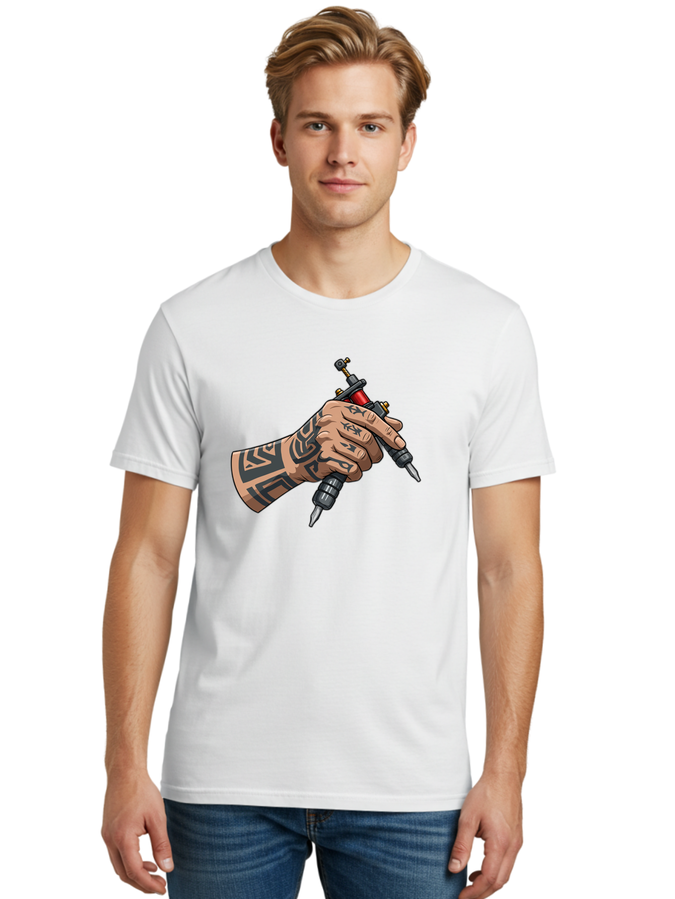 Tattooed-Hand-Holding-Tattoo-Machines Men'S Graphic Tee, 100% Cotton, Comfortable Casual Summer Wear, Machine Washable, Tattooed Hand, Tattoo Machines, Body Art, Ink, Tattoo Artist, Tribal Patterns, Black Ink, Graphic Illustration, Bad827