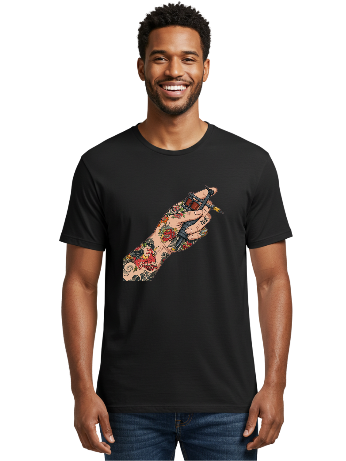 Tattooed-Hand Men'S Graphic Tee, 100% Cotton, Comfortable Casual Summer Wear, Machine Washable, Tattooed Hand, Tattoo Machine, Body Art, Ink, Tattoo Artist, Artful Expression, Vibrant Tattoos, Dragon Design, Traditional Japanese Tattoo, Bad828