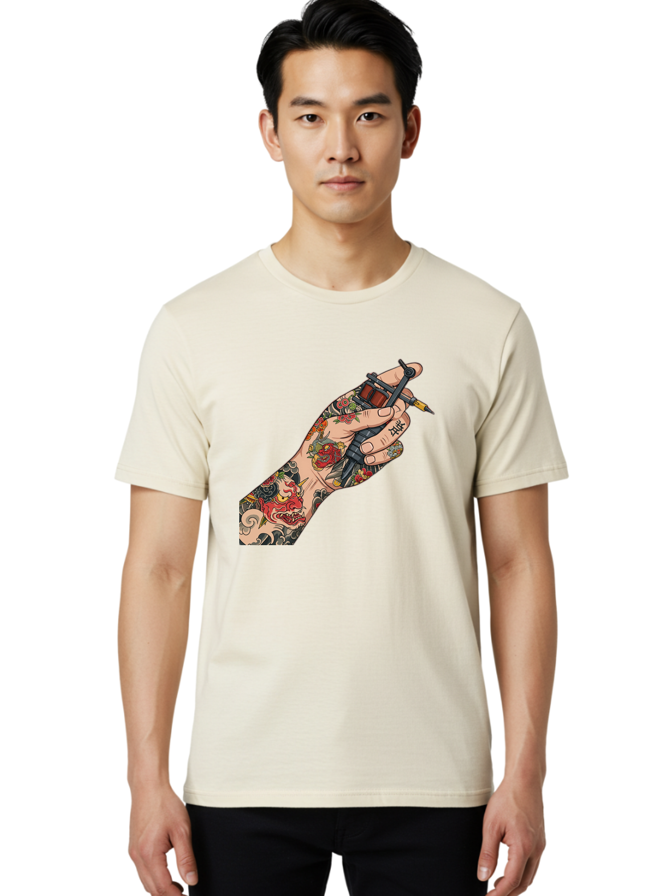 Tattooed-Hand Men'S Graphic Tee, 100% Cotton, Comfortable Casual Summer Wear, Machine Washable, Tattooed Hand, Tattoo Machine, Body Art, Ink, Tattoo Artist, Artful Expression, Vibrant Tattoos, Dragon Design, Traditional Japanese Tattoo, Bad828