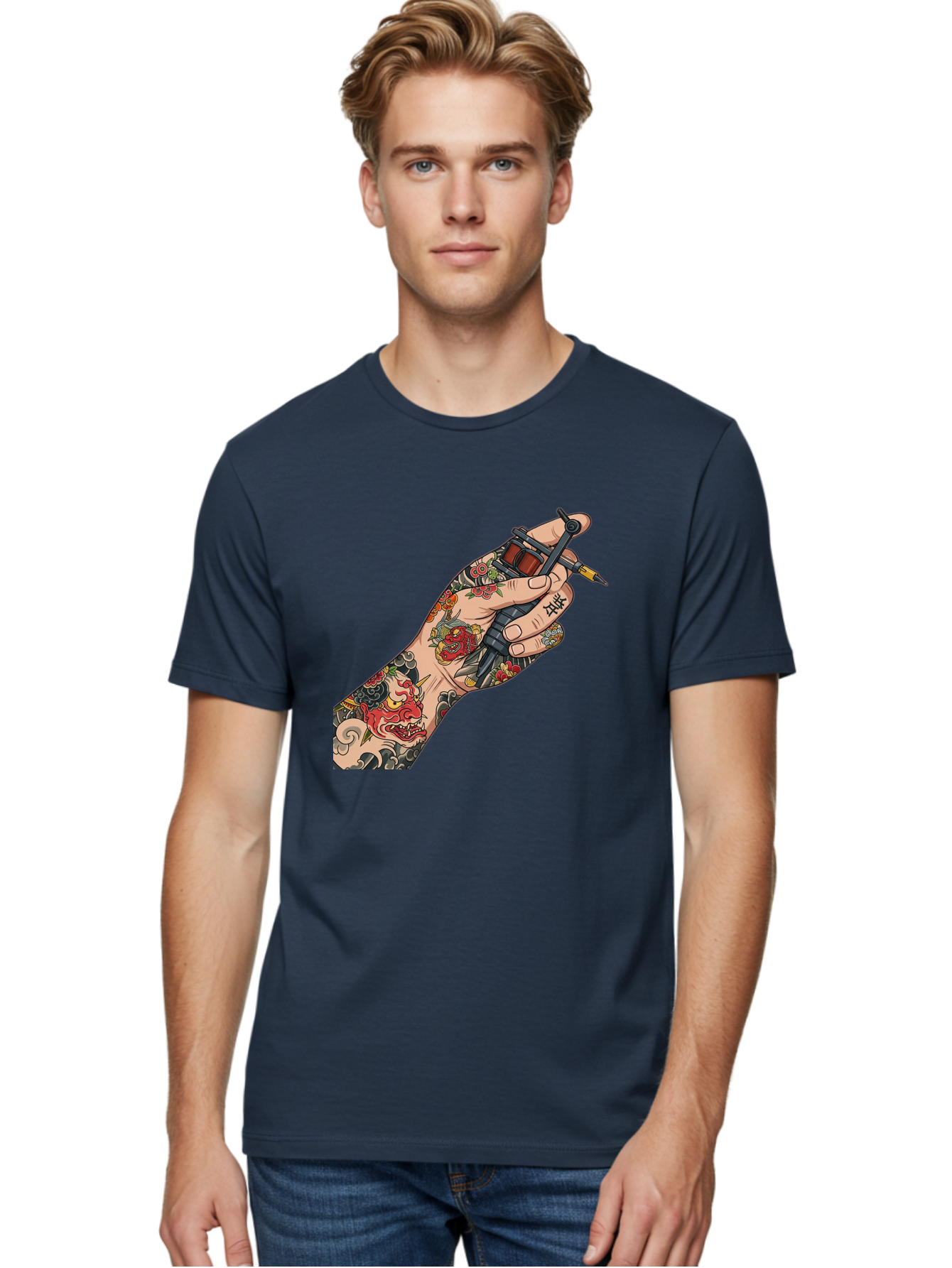 Tattooed-Hand Men'S Graphic Tee, 100% Cotton, Comfortable Casual Summer Wear, Machine Washable, Tattooed Hand, Tattoo Machine, Body Art, Ink, Tattoo Artist, Artful Expression, Vibrant Tattoos, Dragon Design, Traditional Japanese Tattoo, Bad828
