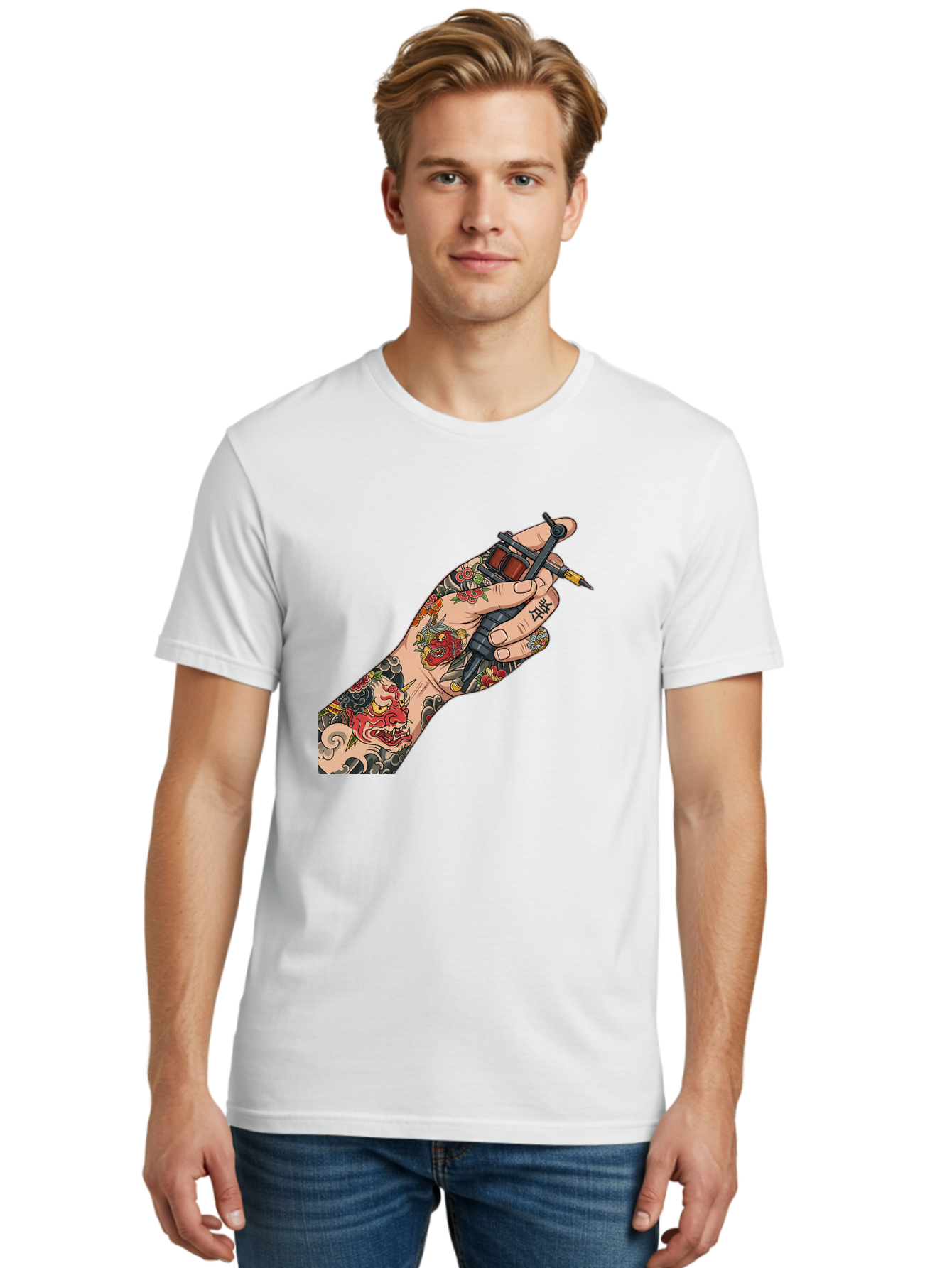 Tattooed-Hand Men'S Graphic Tee, 100% Cotton, Comfortable Casual Summer Wear, Machine Washable, Tattooed Hand, Tattoo Machine, Body Art, Ink, Tattoo Artist, Artful Expression, Vibrant Tattoos, Dragon Design, Traditional Japanese Tattoo, Bad828