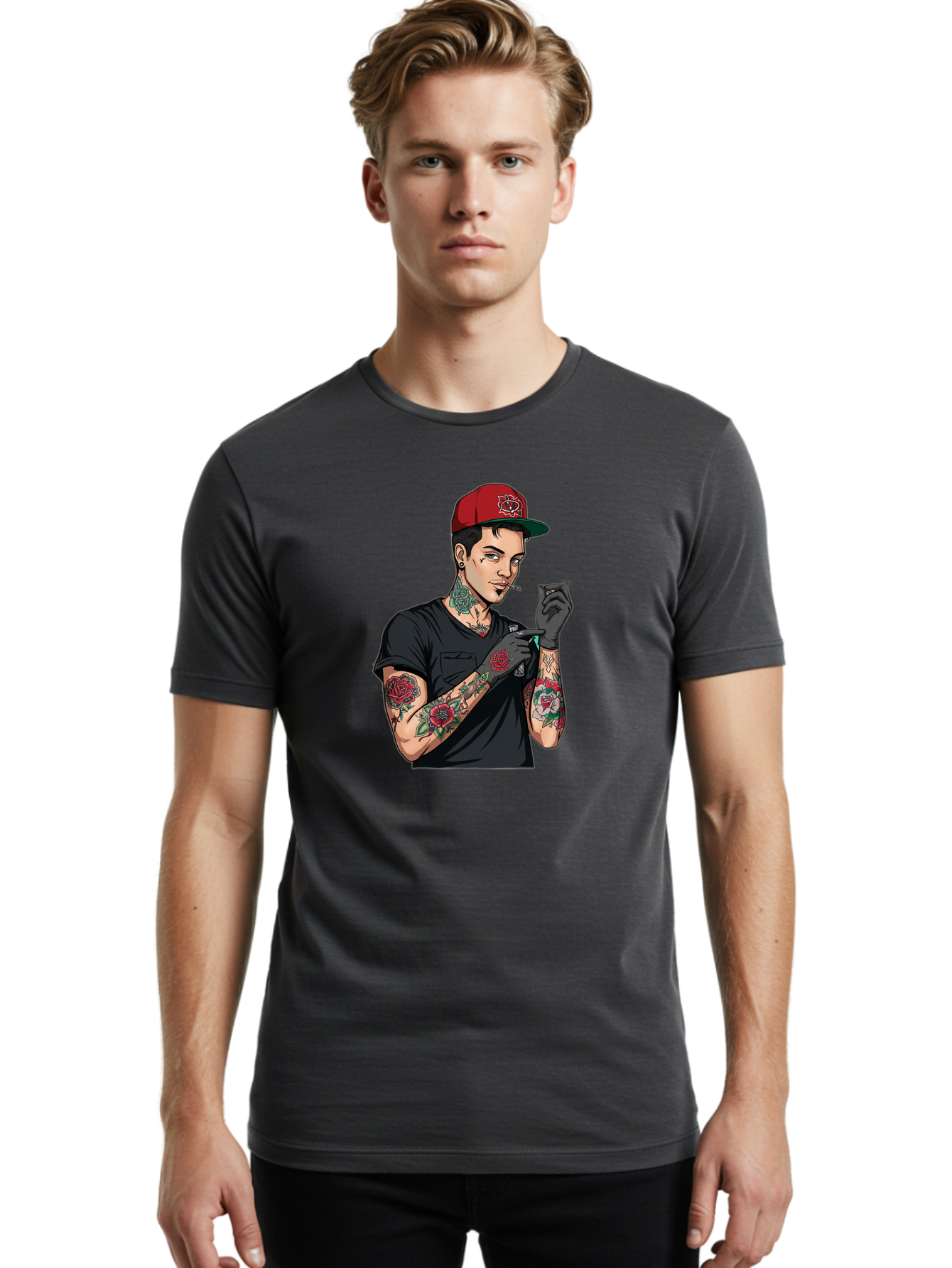 Tattooed-Man-1 Men'S Graphic Tee, 100% Cotton, Comfortable Casual Summer Wear, Machine Washable, Tattooed Man, Rose Tattoos, Red Baseball Cap, Black Gloves, Smoking Cigarette, Cartoon Style, Edgy Fashion, Bold Graphics, Streetwear, Modern Art Bad829