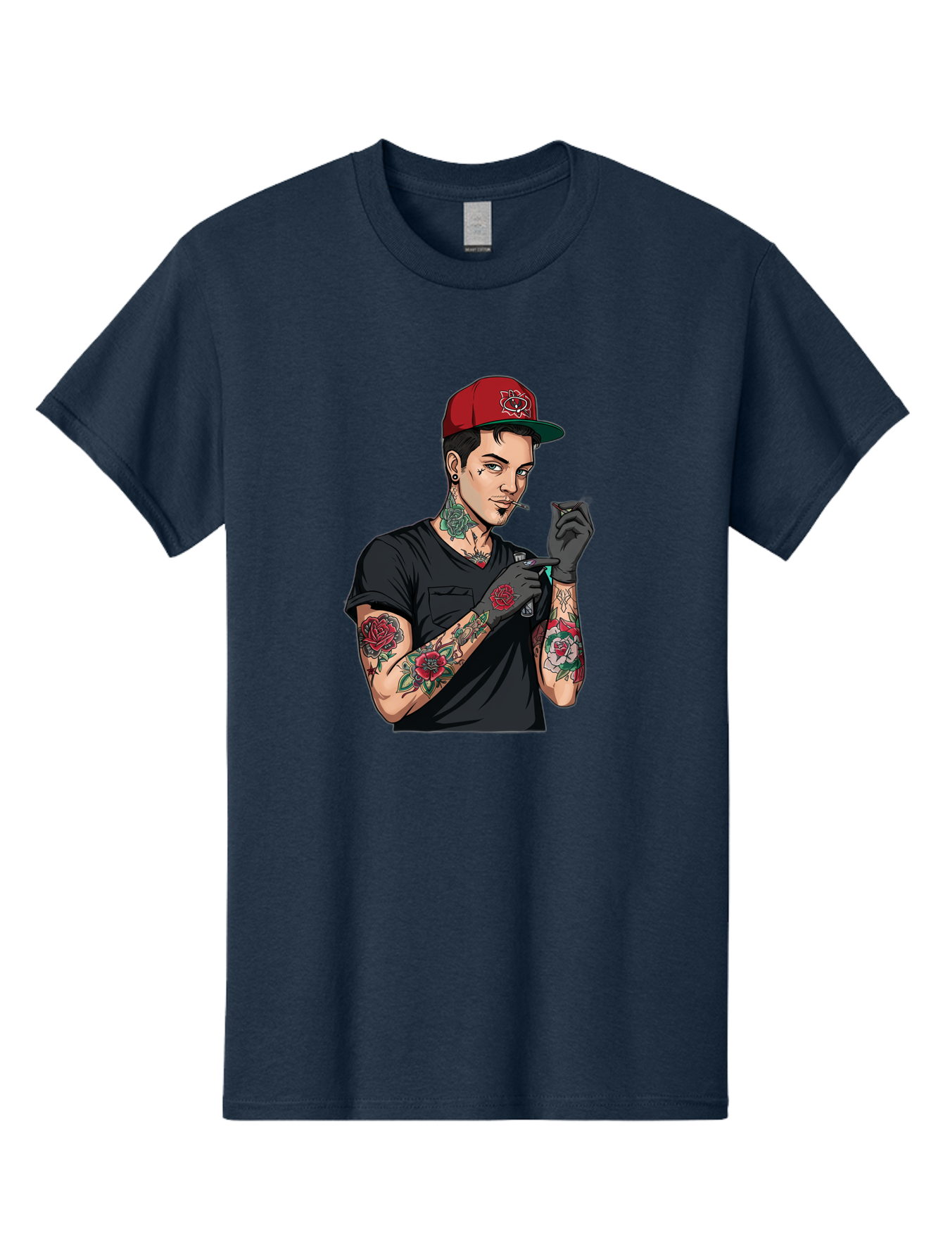 Tattooed-Man-1 Men'S Graphic Tee, 100% Cotton, Comfortable Casual Summer Wear, Machine Washable, Tattooed Man, Rose Tattoos, Red Baseball Cap, Black Gloves, Smoking Cigarette, Cartoon Style, Edgy Fashion, Bold Graphics, Streetwear, Modern Art Bad829