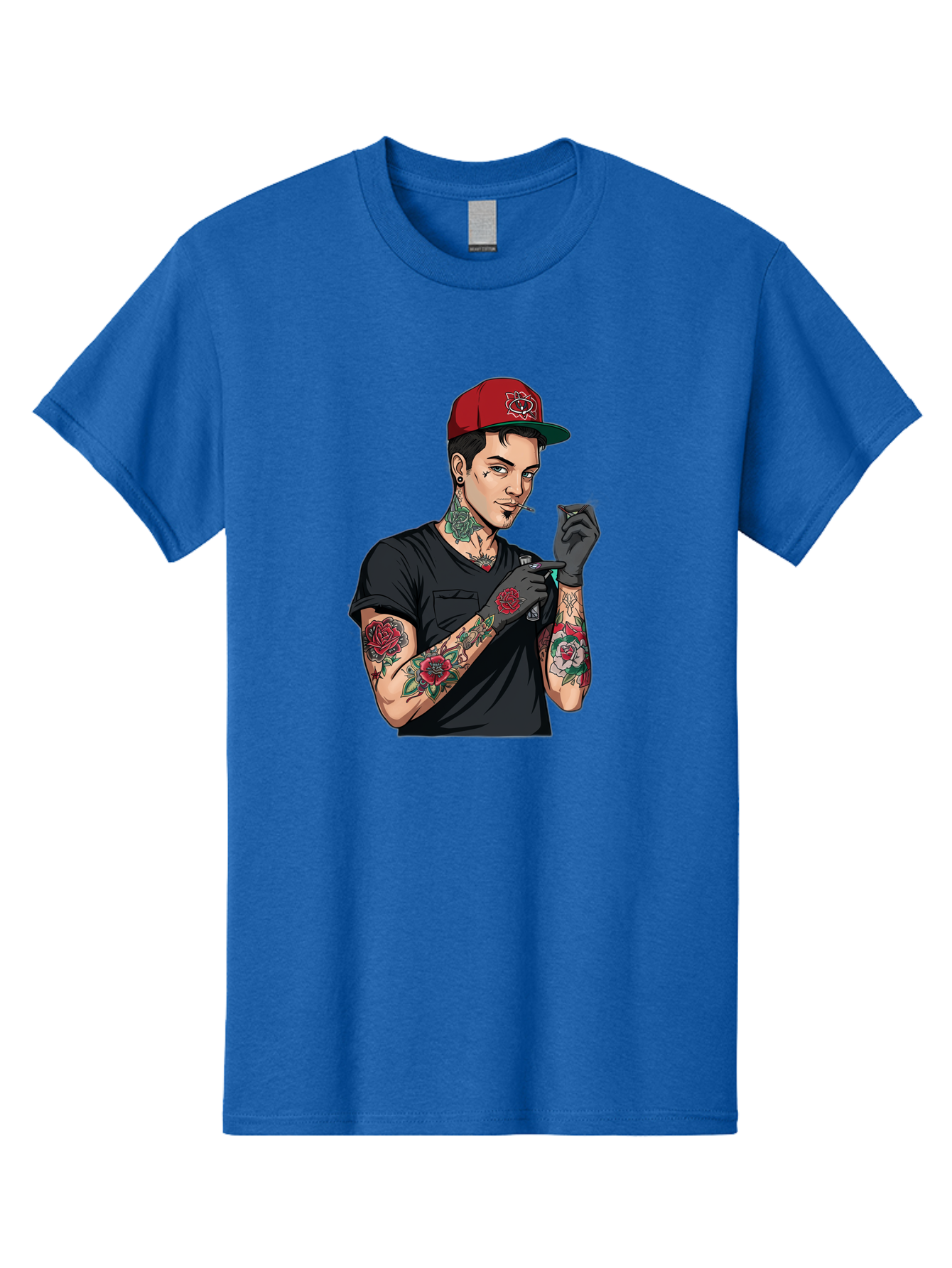 Tattooed-Man-1 Men'S Graphic Tee, 100% Cotton, Comfortable Casual Summer Wear, Machine Washable, Tattooed Man, Rose Tattoos, Red Baseball Cap, Black Gloves, Smoking Cigarette, Cartoon Style, Edgy Fashion, Bold Graphics, Streetwear, Modern Art Bad829