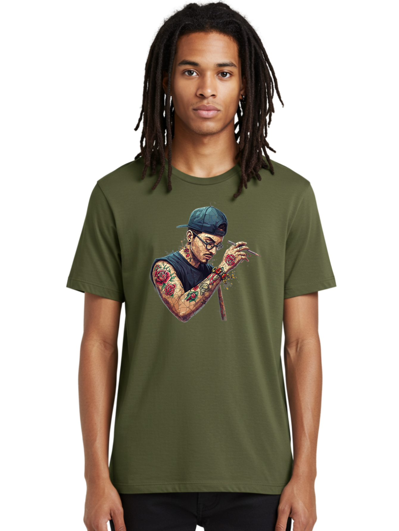 Tattooed-Man-2 Men'S Graphic Tee, 100% Cotton, Comfortable Casual Summer Wear, Machine Washable, Tattooed Man, Smoking Cigarette, Rose Tattoos, Geometric Art, Edgy Style, Urban Culture, Streetwear Inspiration, Cool Guy Bad830