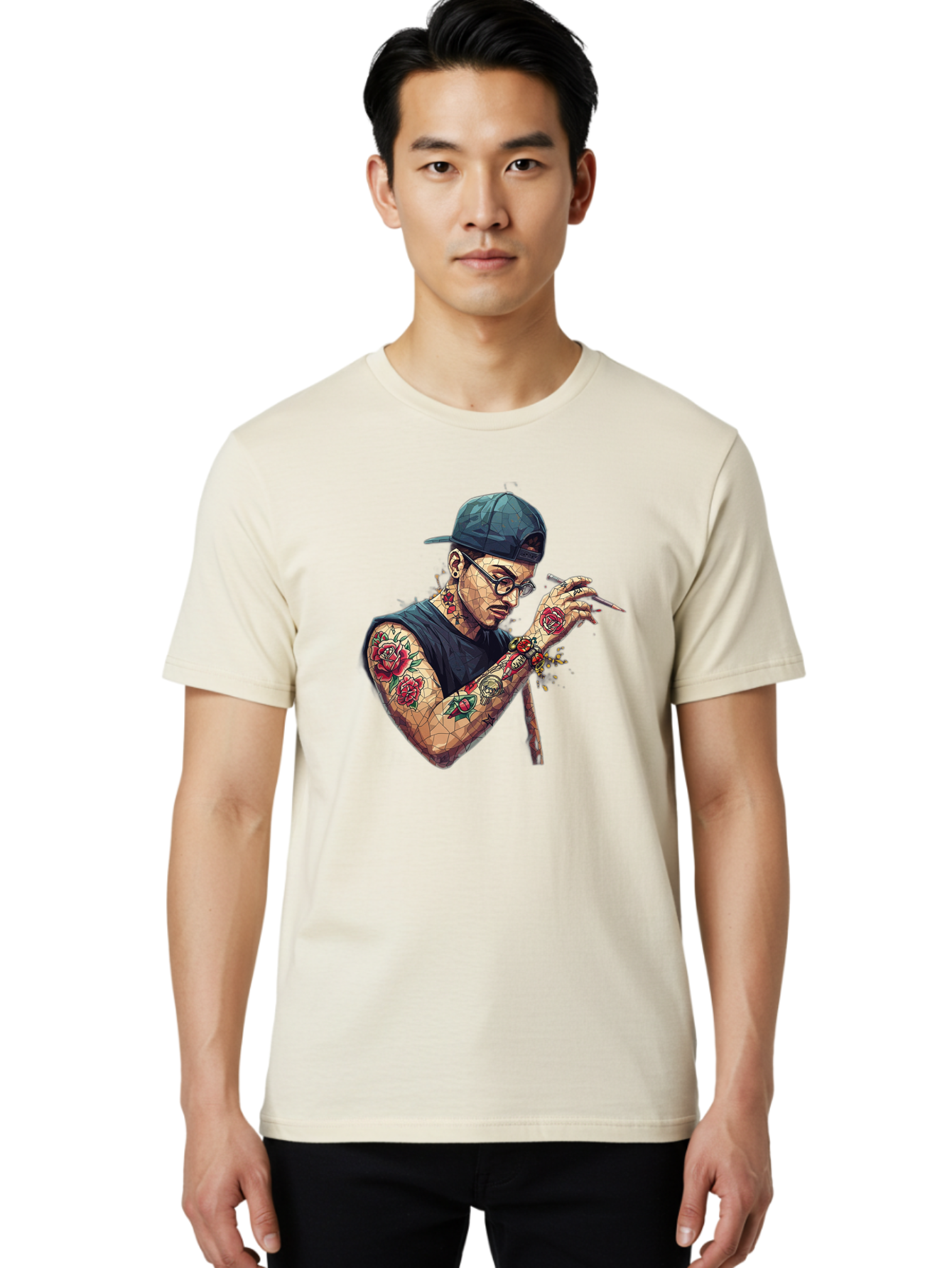 Tattooed-Man-2 Men'S Graphic Tee, 100% Cotton, Comfortable Casual Summer Wear, Machine Washable, Tattooed Man, Smoking Cigarette, Rose Tattoos, Geometric Art, Edgy Style, Urban Culture, Streetwear Inspiration, Cool Guy Bad830