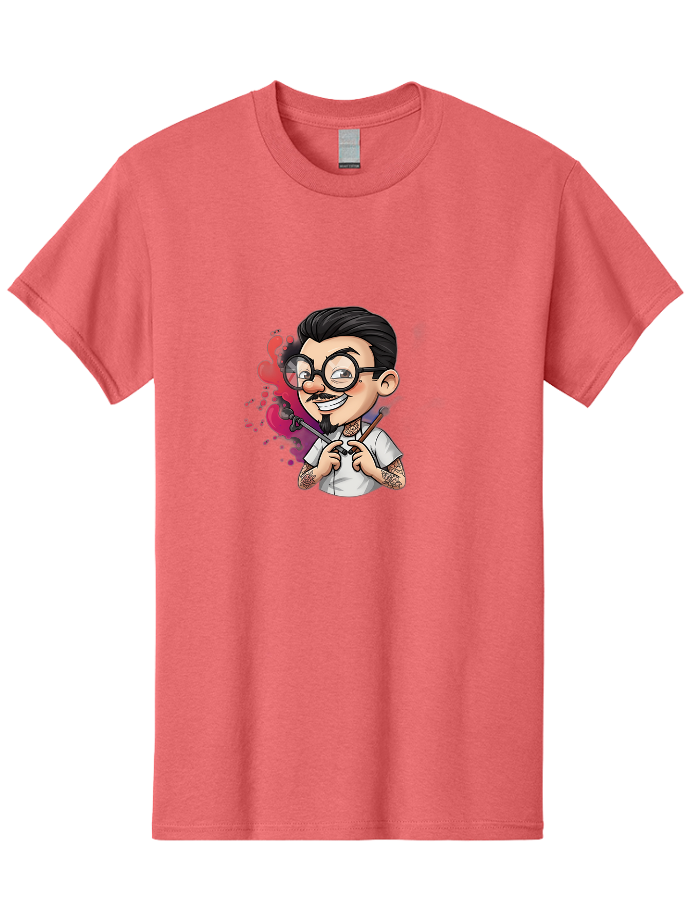 Tattooed-Man Men'S Graphic Tee, 100% Cotton, Comfortable Casual Summer Wear, Machine Washable, Tattoo Artist, Cartoon Character, Man With Glasses, Tattoo Machine, Ink Splatter, Creative Profession, Body Art, Tattoo Culture, Artistic Expression Bad831