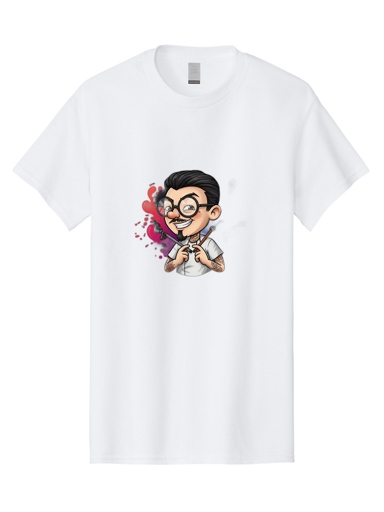 Tattooed-Man Men'S Graphic Tee, 100% Cotton, Comfortable Casual Summer Wear, Machine Washable, Tattoo Artist, Cartoon Character, Man With Glasses, Tattoo Machine, Ink Splatter, Creative Profession, Body Art, Tattoo Culture, Artistic Expression Bad831