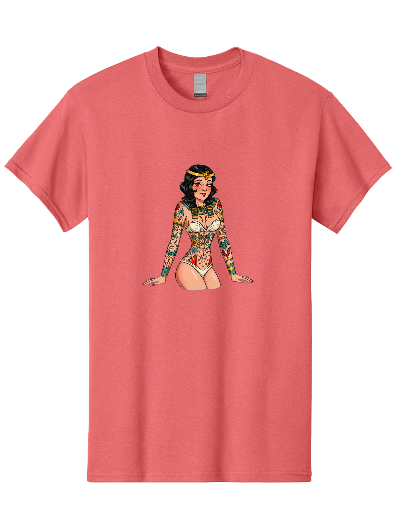 Tattooed-Pinup-Girl Men'S Graphic Tee, 100% Cotton, Comfortable Casual Summer Wear, Machine Washable, Pin-Up Girl Illustration, Tattoo Art, Body Art, Vintage Style, Erotic Art, Colorful Tattoos, White Swimsuit, Kneeling Pose, Ancient Jewelry, Bad832