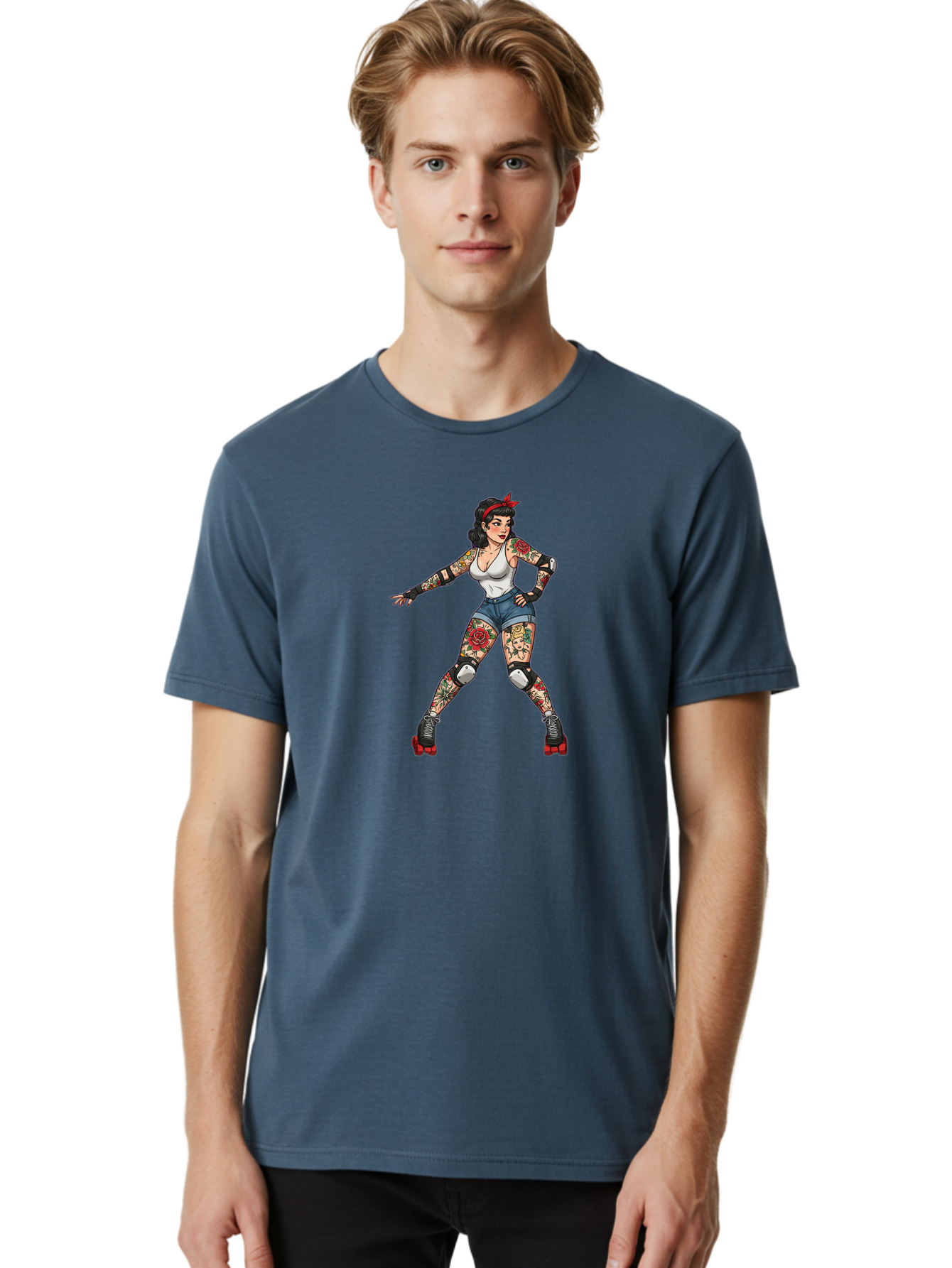 Tattooed-Roller-Girl Men'S Graphic Tee, 100% Cotton, Comfortable Casual Summer Wear, Machine Washable, Pin-Up Girl, Roller Skater, Tattoos, Retro Style, Vintage Charm, Roller Skating, Body Art, Female Empowerment, Graphic Design, Bad833