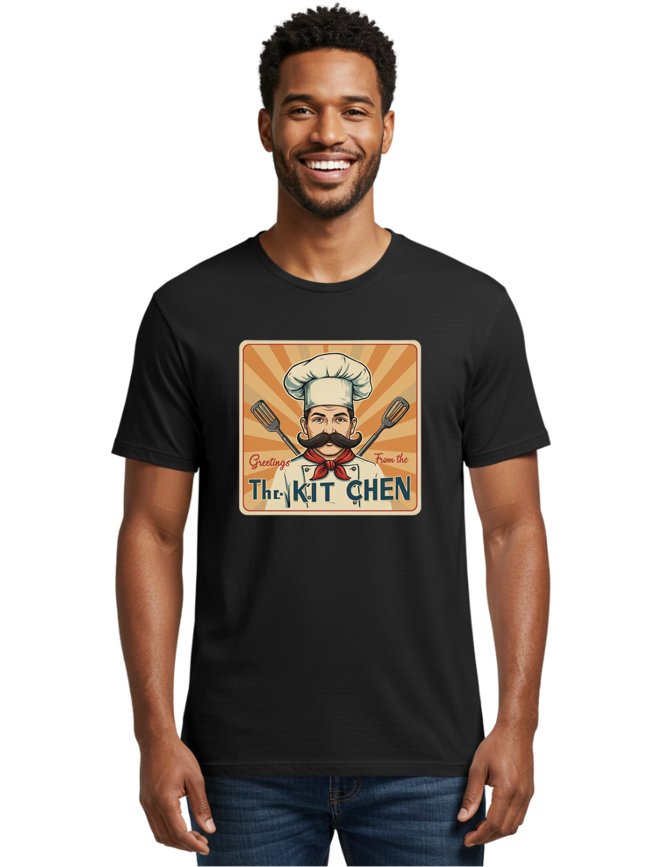 The-Kit-Chen Men'S Graphic Tee, 100% Cotton, Comfortable Casual Summer Wear, Machine Washable, Cartoon Chef, Mustachioed Man, Cooking Utensils, Kitchen Theme, Retro Style, Playful Graphics, Chef'S Hat, Red Neckerchief, Warm Colors, Bad835