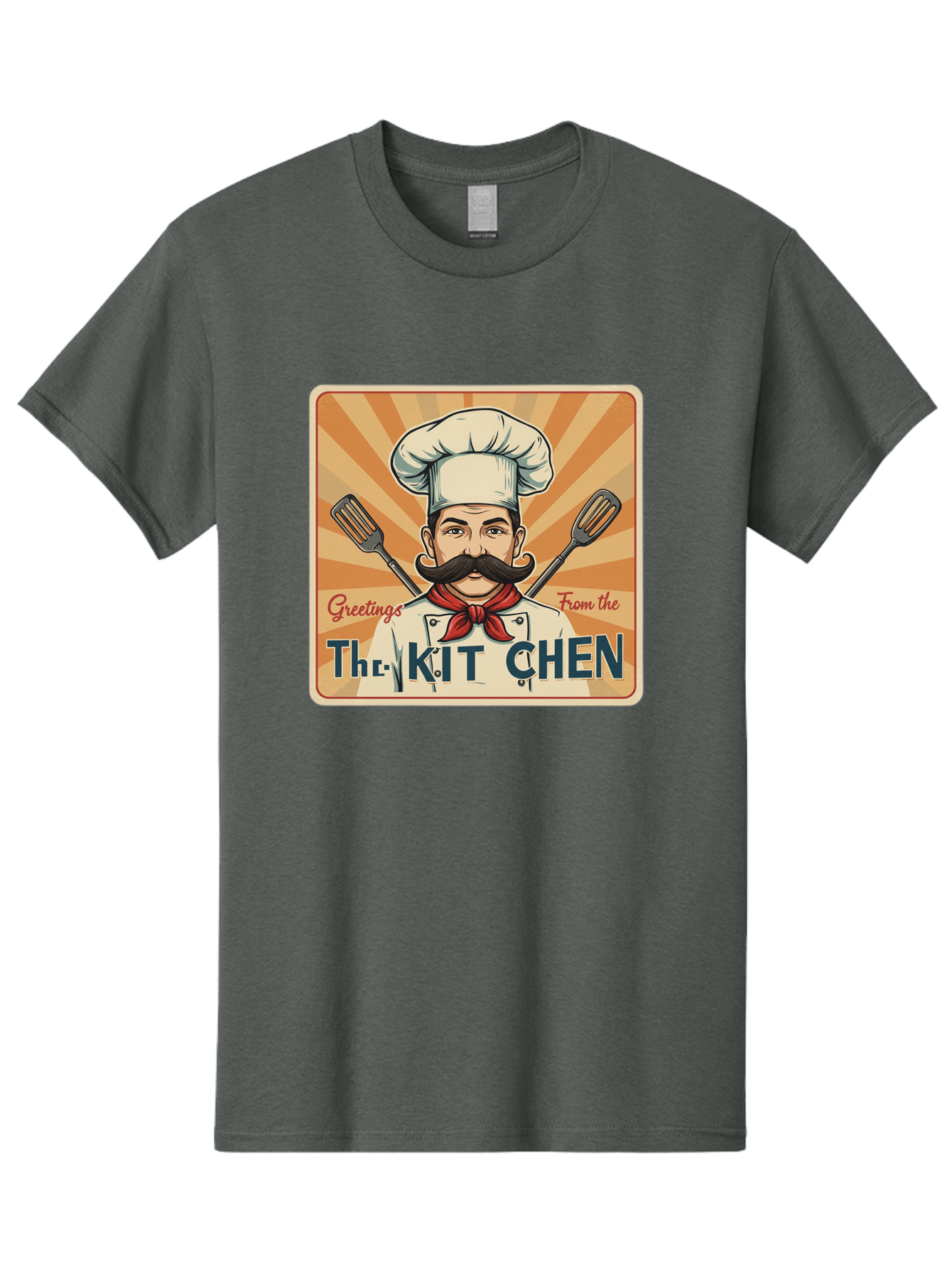 The-Kit-Chen Men'S Graphic Tee, 100% Cotton, Comfortable Casual Summer Wear, Machine Washable, Cartoon Chef, Mustachioed Man, Cooking Utensils, Kitchen Theme, Retro Style, Playful Graphics, Chef'S Hat, Red Neckerchief, Warm Colors, Bad835