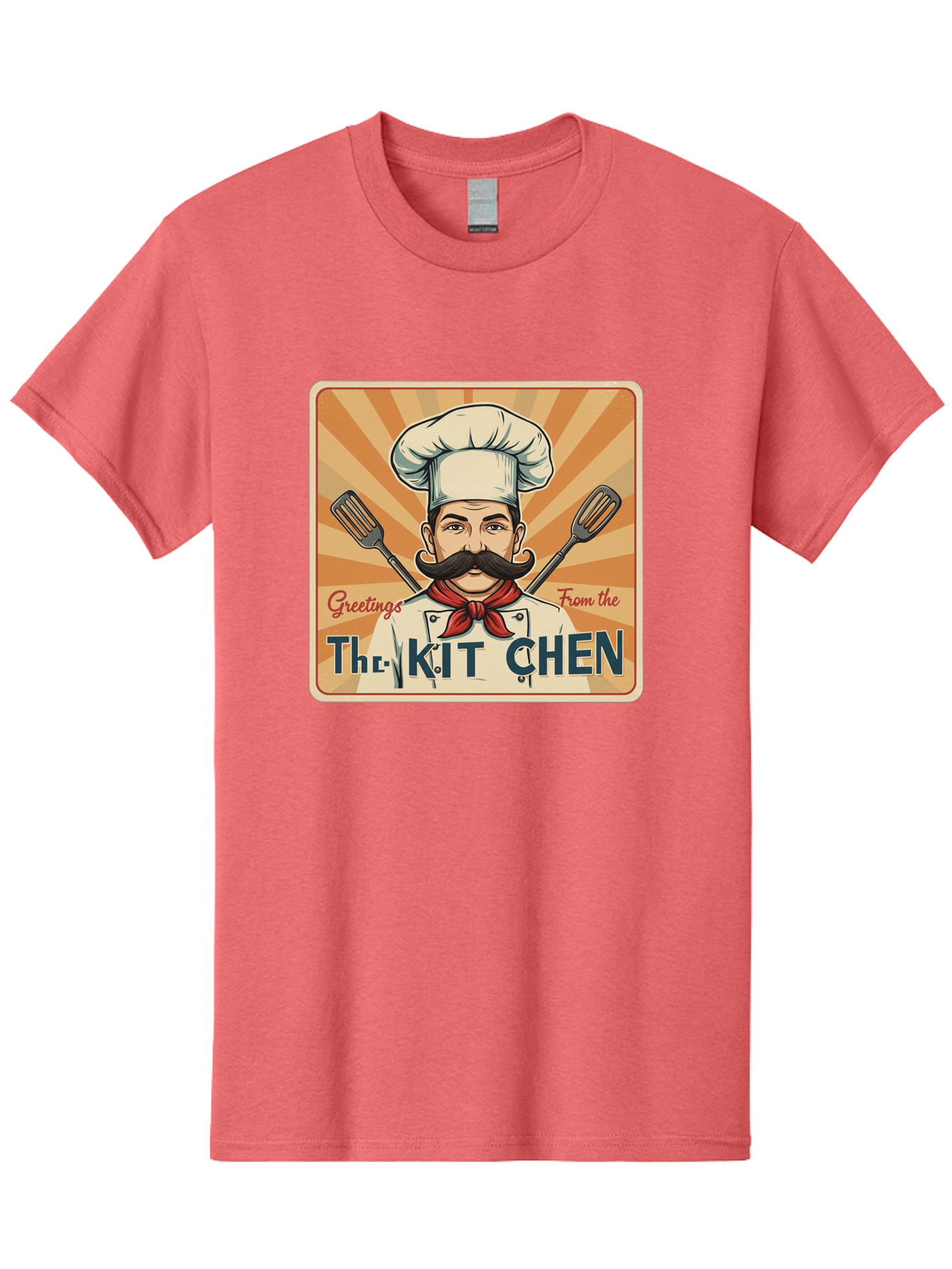The-Kit-Chen Men'S Graphic Tee, 100% Cotton, Comfortable Casual Summer Wear, Machine Washable, Cartoon Chef, Mustachioed Man, Cooking Utensils, Kitchen Theme, Retro Style, Playful Graphics, Chef'S Hat, Red Neckerchief, Warm Colors, Bad835