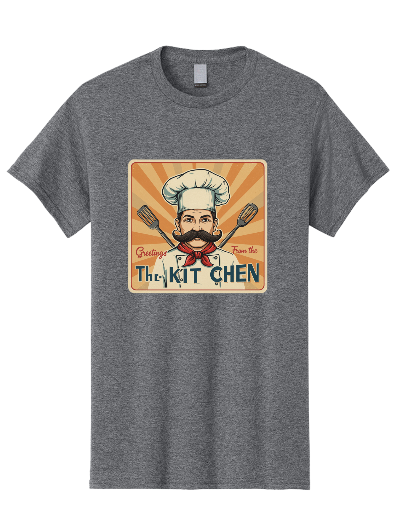 The-Kit-Chen Men'S Graphic Tee, 100% Cotton, Comfortable Casual Summer Wear, Machine Washable, Cartoon Chef, Mustachioed Man, Cooking Utensils, Kitchen Theme, Retro Style, Playful Graphics, Chef'S Hat, Red Neckerchief, Warm Colors, Bad835