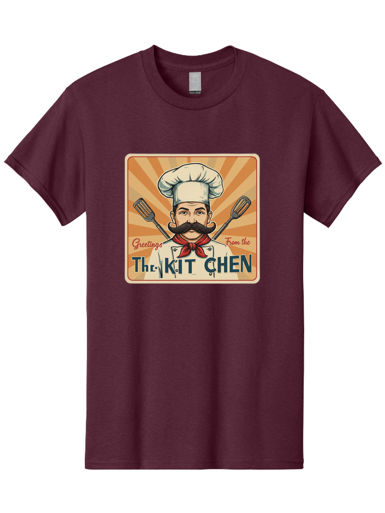 The-Kit-Chen Men'S Graphic Tee, 100% Cotton, Comfortable Casual Summer Wear, Machine Washable, Cartoon Chef, Mustachioed Man, Cooking Utensils, Kitchen Theme, Retro Style, Playful Graphics, Chef'S Hat, Red Neckerchief, Warm Colors, Bad835