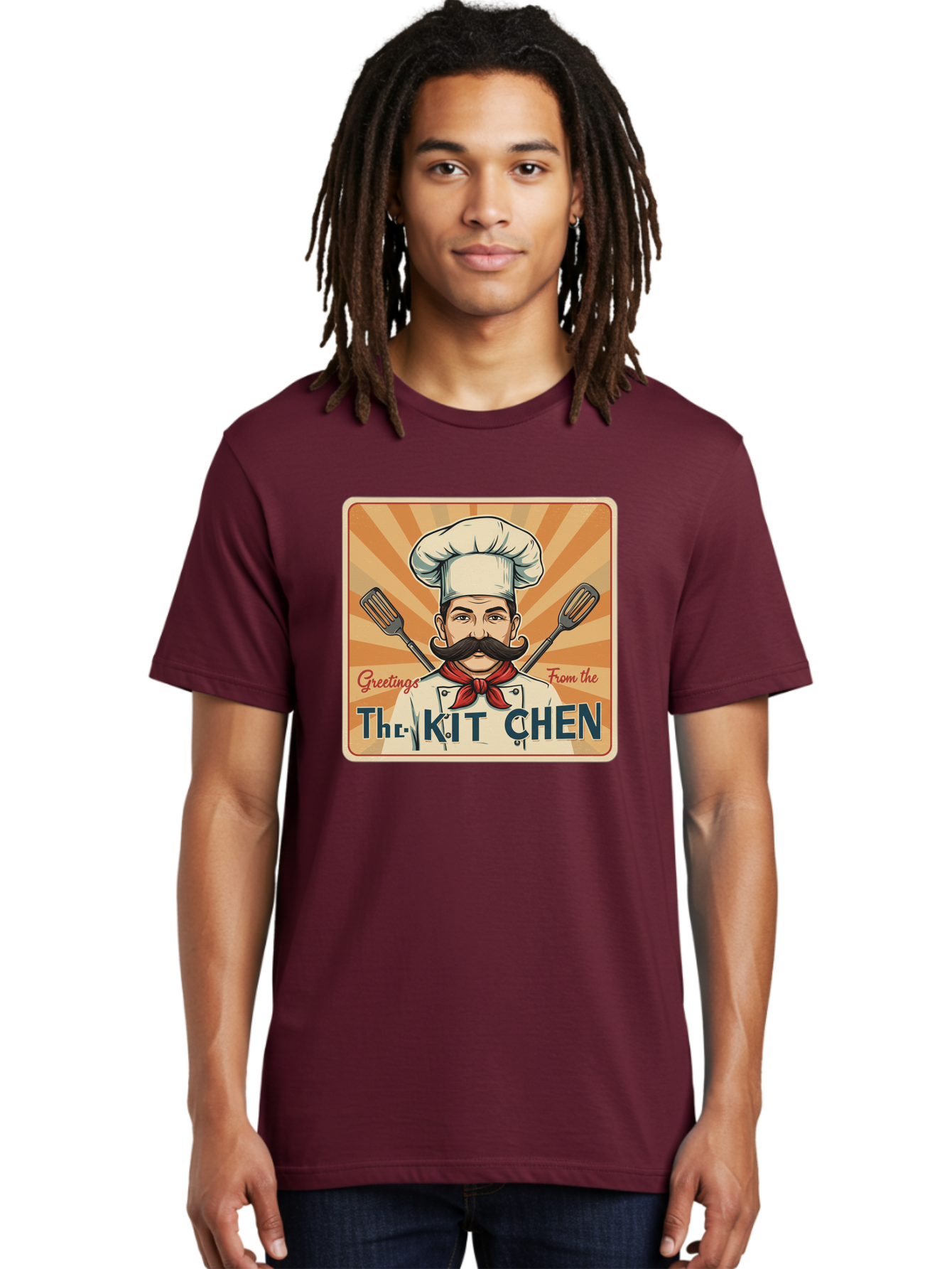 The-Kit-Chen Men'S Graphic Tee, 100% Cotton, Comfortable Casual Summer Wear, Machine Washable, Cartoon Chef, Mustachioed Man, Cooking Utensils, Kitchen Theme, Retro Style, Playful Graphics, Chef'S Hat, Red Neckerchief, Warm Colors, Bad835