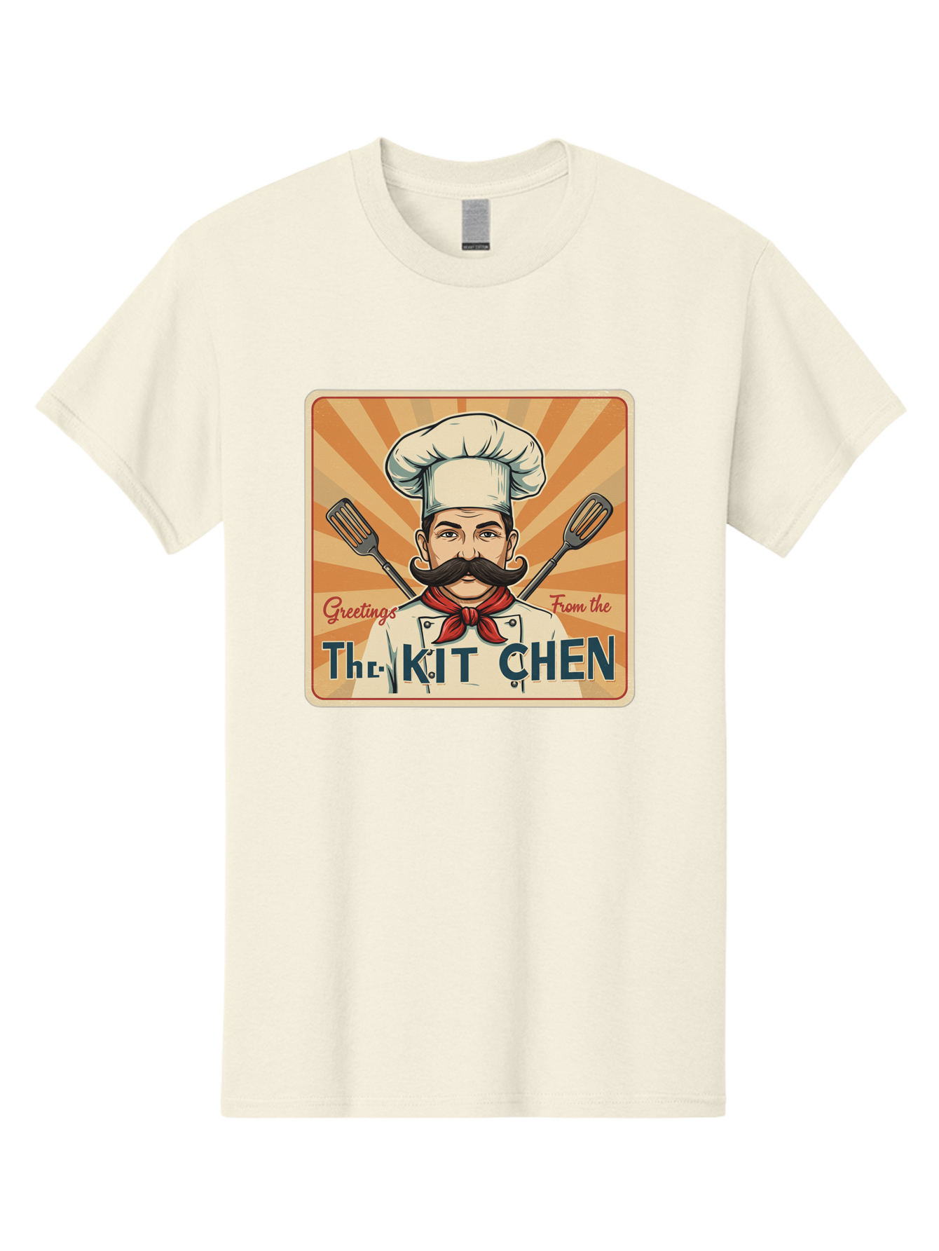 The-Kit-Chen Men'S Graphic Tee, 100% Cotton, Comfortable Casual Summer Wear, Machine Washable, Cartoon Chef, Mustachioed Man, Cooking Utensils, Kitchen Theme, Retro Style, Playful Graphics, Chef'S Hat, Red Neckerchief, Warm Colors, Bad835