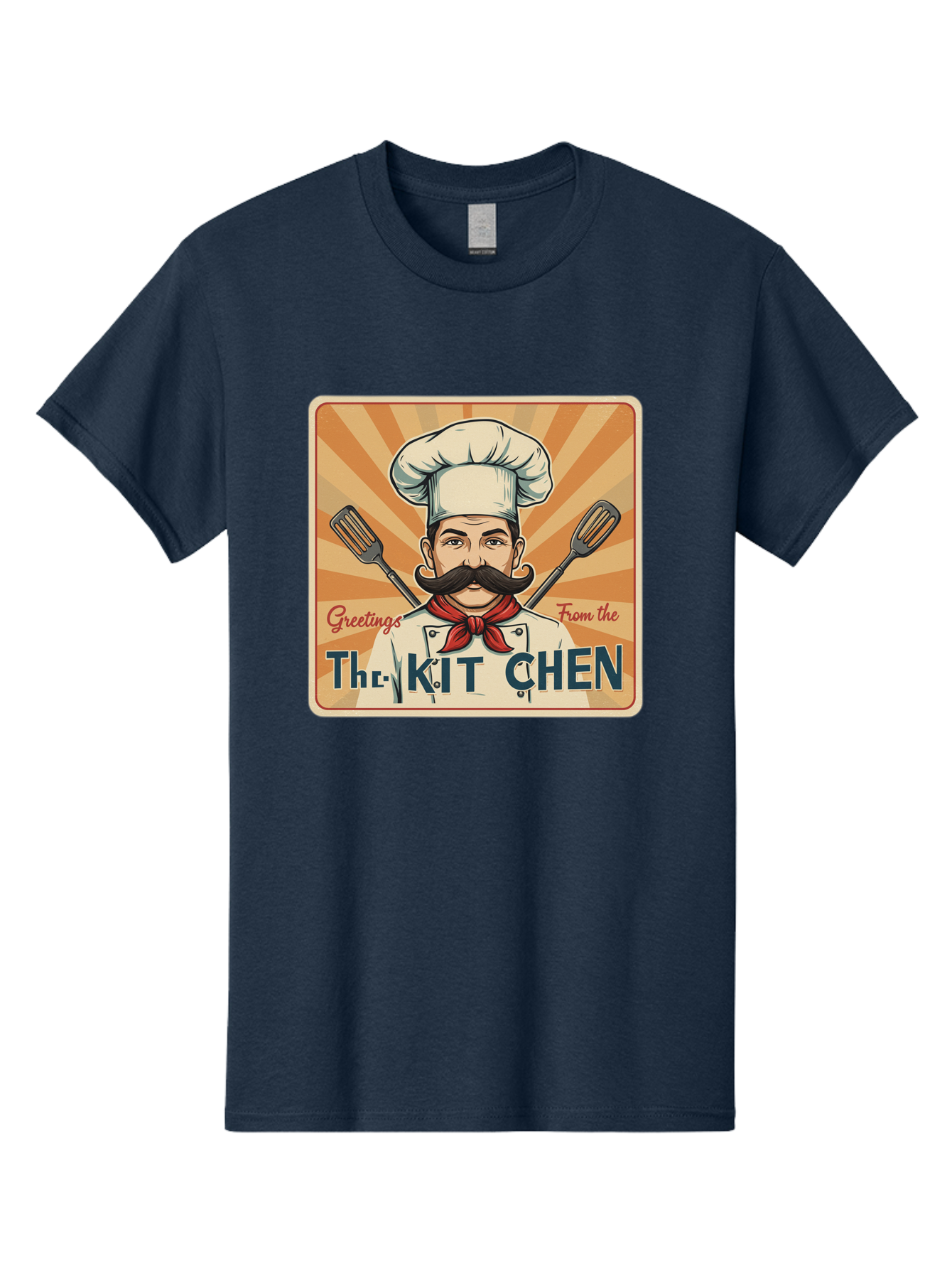 The-Kit-Chen Men'S Graphic Tee, 100% Cotton, Comfortable Casual Summer Wear, Machine Washable, Cartoon Chef, Mustachioed Man, Cooking Utensils, Kitchen Theme, Retro Style, Playful Graphics, Chef'S Hat, Red Neckerchief, Warm Colors, Bad835