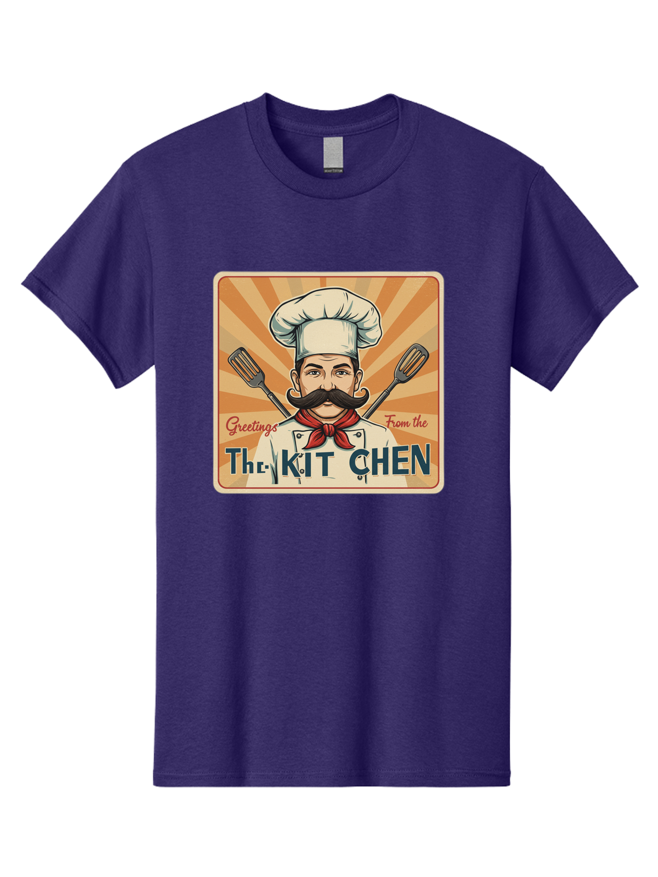 The-Kit-Chen Men'S Graphic Tee, 100% Cotton, Comfortable Casual Summer Wear, Machine Washable, Cartoon Chef, Mustachioed Man, Cooking Utensils, Kitchen Theme, Retro Style, Playful Graphics, Chef'S Hat, Red Neckerchief, Warm Colors, Bad835