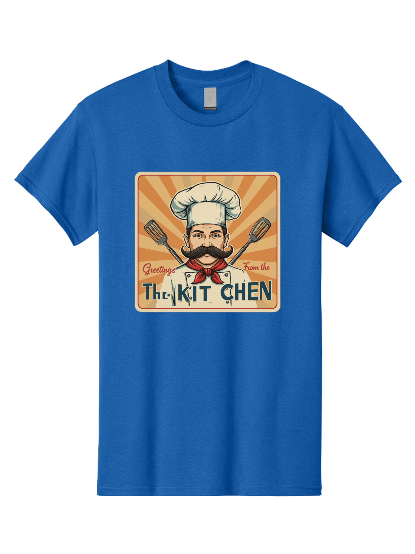 The-Kit-Chen Men'S Graphic Tee, 100% Cotton, Comfortable Casual Summer Wear, Machine Washable, Cartoon Chef, Mustachioed Man, Cooking Utensils, Kitchen Theme, Retro Style, Playful Graphics, Chef'S Hat, Red Neckerchief, Warm Colors, Bad835