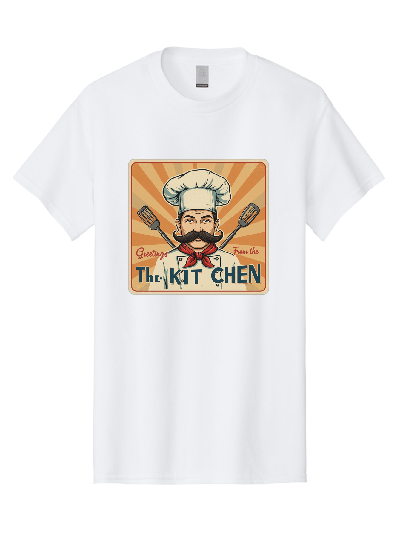 The-Kit-Chen Men'S Graphic Tee, 100% Cotton, Comfortable Casual Summer Wear, Machine Washable, Cartoon Chef, Mustachioed Man, Cooking Utensils, Kitchen Theme, Retro Style, Playful Graphics, Chef'S Hat, Red Neckerchief, Warm Colors, Bad835