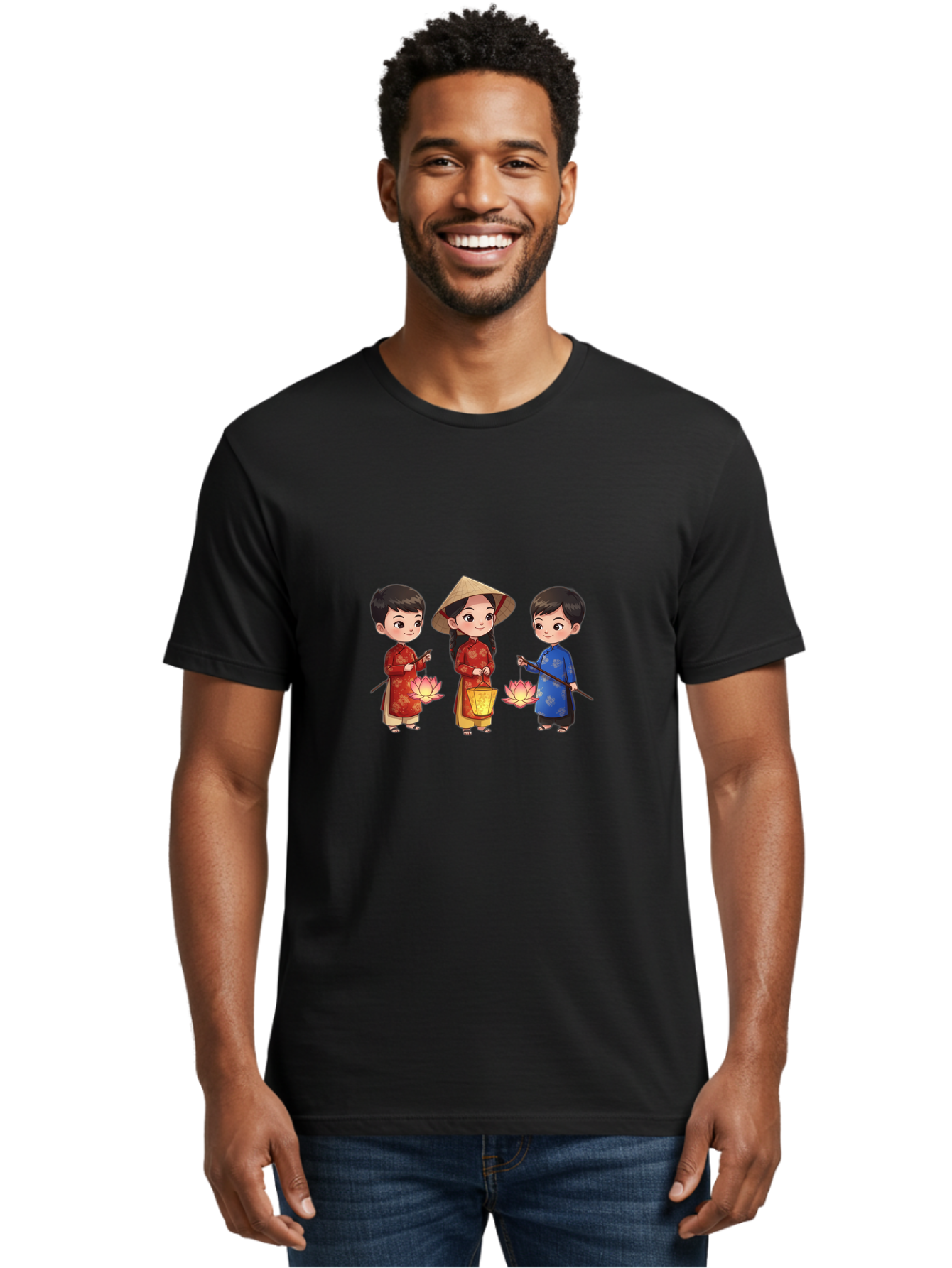 Three-Children-In-Traditional-Clothing Men'S Graphic Tee, 100% Cotton, Comfortable Casual Summer Wear, Machine Washable, Children In Traditional Vietnamese Clothing, Lotus Flowers, Conical Hat, Cultural Heritage, Traditional Attire, Bad836