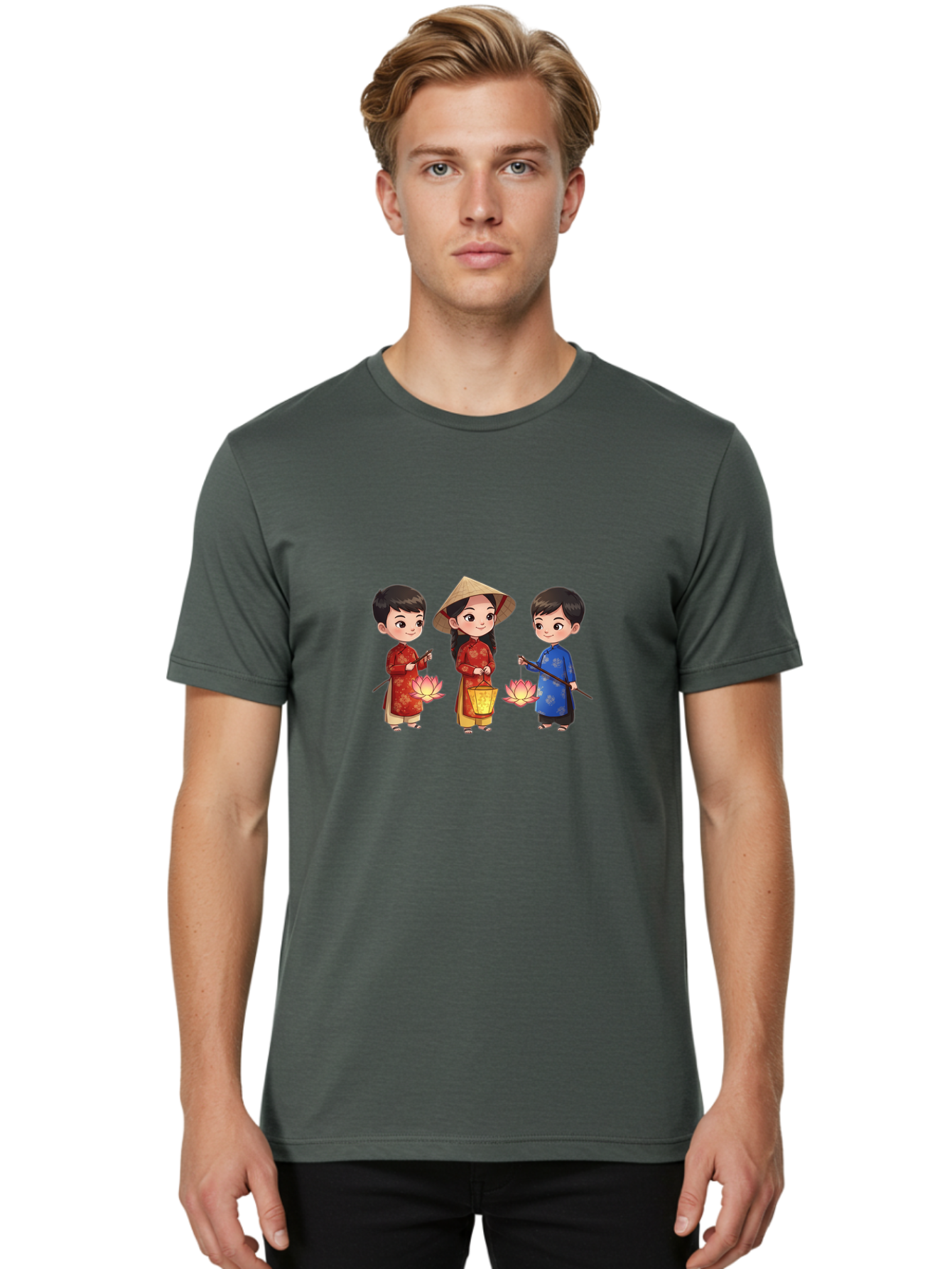Three-Children-In-Traditional-Clothing Men'S Graphic Tee, 100% Cotton, Comfortable Casual Summer Wear, Machine Washable, Children In Traditional Vietnamese Clothing, Lotus Flowers, Conical Hat, Cultural Heritage, Traditional Attire, Bad836