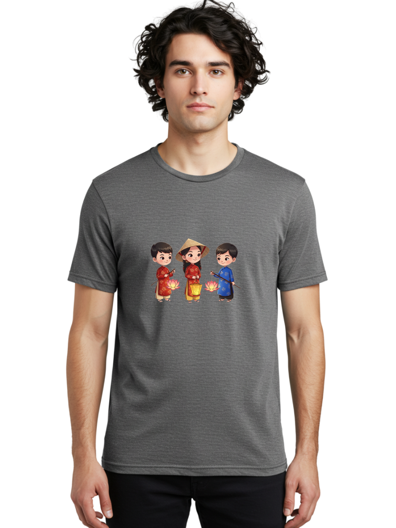 Three-Children-In-Traditional-Clothing Men'S Graphic Tee, 100% Cotton, Comfortable Casual Summer Wear, Machine Washable, Children In Traditional Vietnamese Clothing, Lotus Flowers, Conical Hat, Cultural Heritage, Traditional Attire, Bad836