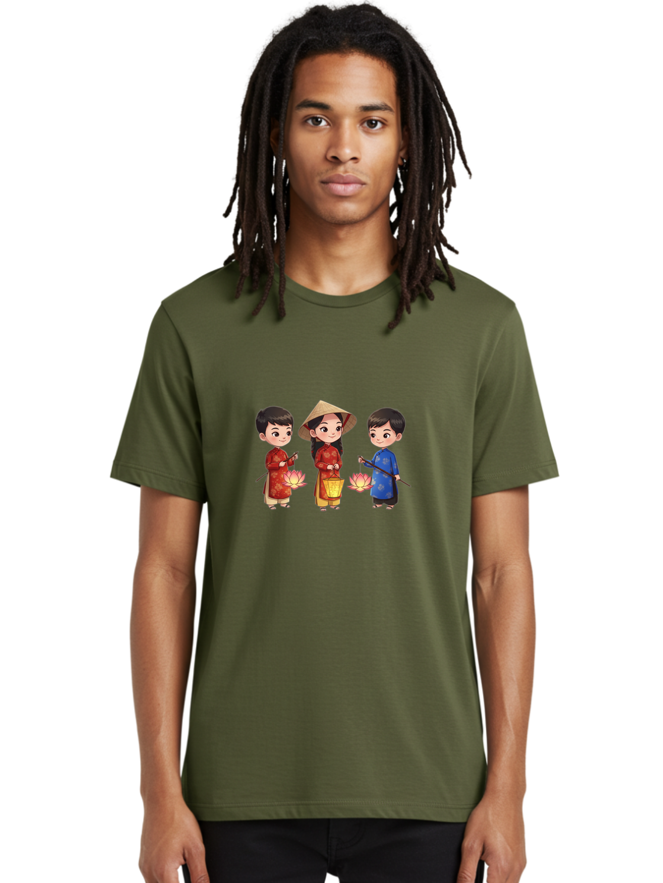 Three-Children-In-Traditional-Clothing Men'S Graphic Tee, 100% Cotton, Comfortable Casual Summer Wear, Machine Washable, Children In Traditional Vietnamese Clothing, Lotus Flowers, Conical Hat, Cultural Heritage, Traditional Attire, Bad836