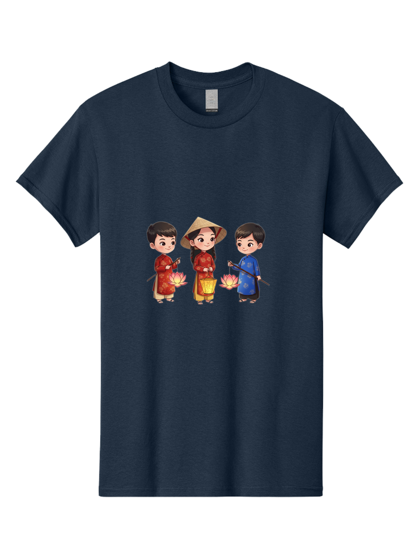 Three-Children-In-Traditional-Clothing Men'S Graphic Tee, 100% Cotton, Comfortable Casual Summer Wear, Machine Washable, Children In Traditional Vietnamese Clothing, Lotus Flowers, Conical Hat, Cultural Heritage, Traditional Attire, Bad836
