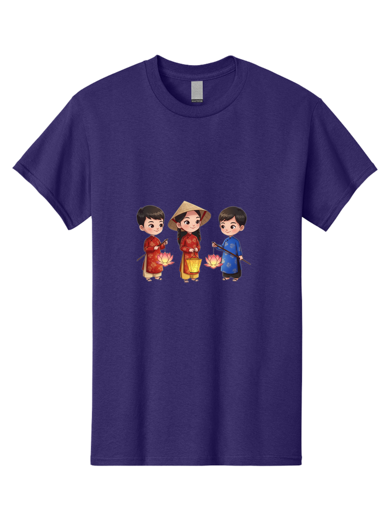 Three-Children-In-Traditional-Clothing Men'S Graphic Tee, 100% Cotton, Comfortable Casual Summer Wear, Machine Washable, Children In Traditional Vietnamese Clothing, Lotus Flowers, Conical Hat, Cultural Heritage, Traditional Attire, Bad836