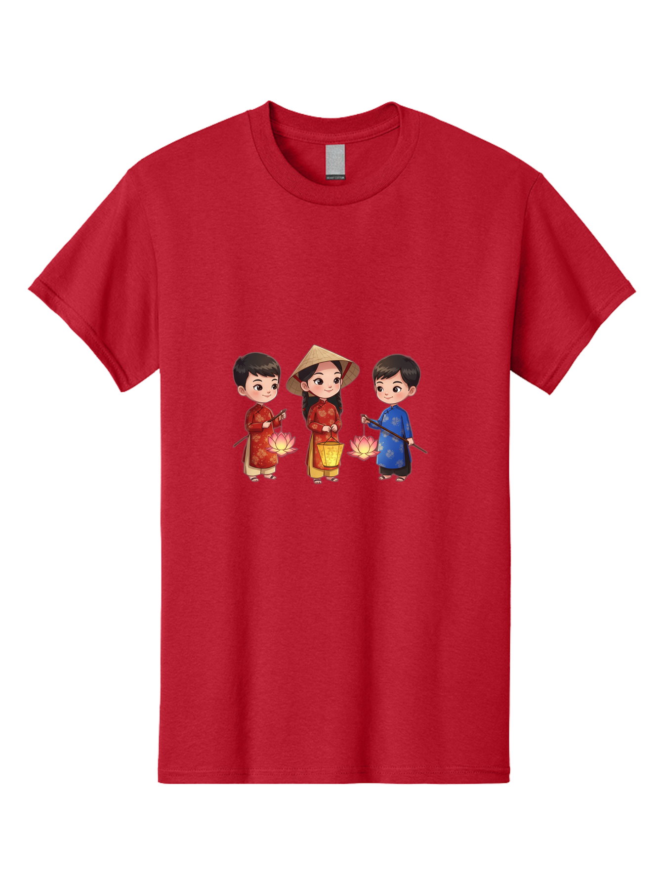 Three-Children-In-Traditional-Clothing Men'S Graphic Tee, 100% Cotton, Comfortable Casual Summer Wear, Machine Washable, Children In Traditional Vietnamese Clothing, Lotus Flowers, Conical Hat, Cultural Heritage, Traditional Attire, Bad836