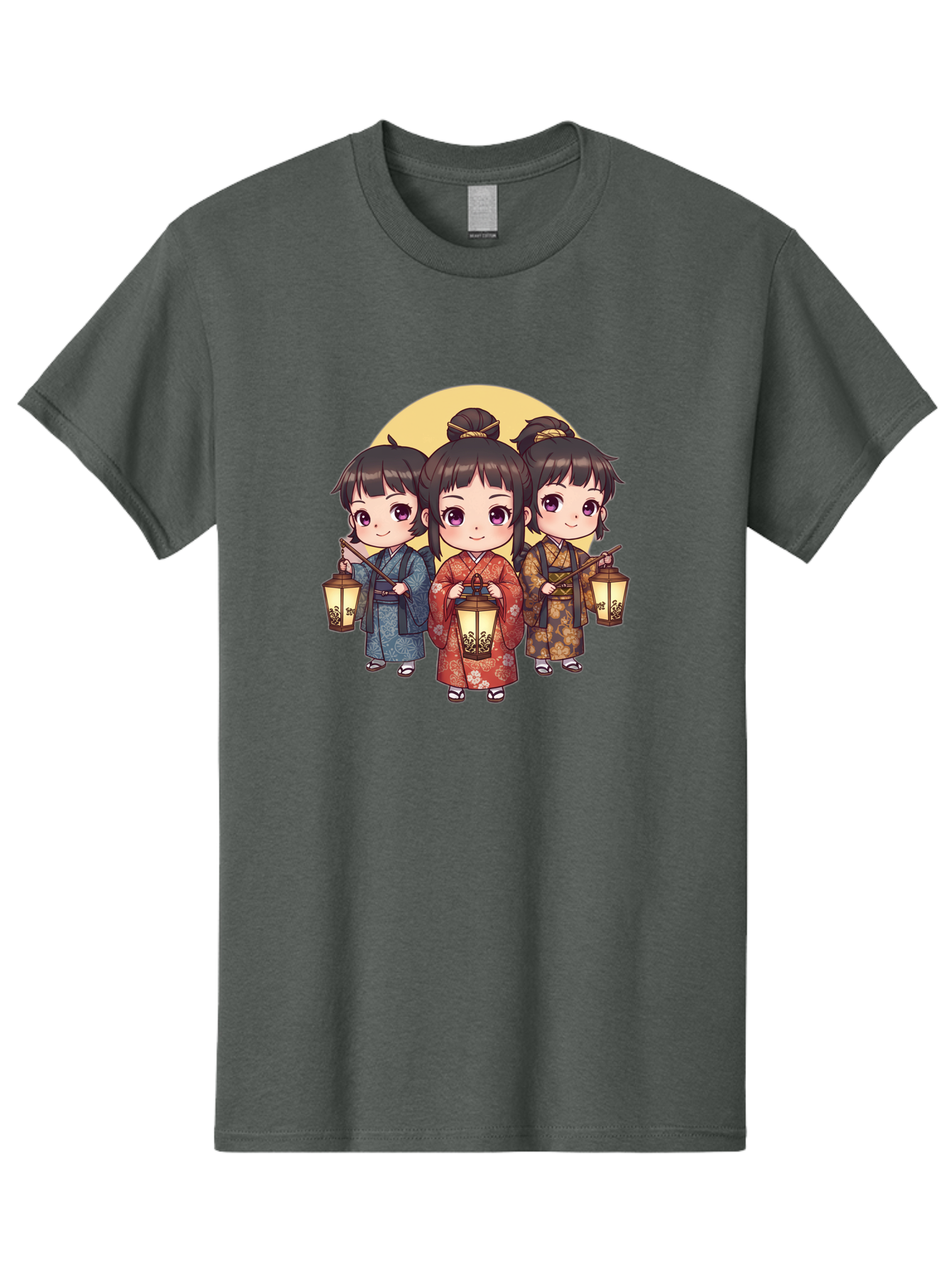Three-Girls-In-Kimonos Men'S Graphic Tee, 100% Cotton, Comfortable Casual Summer Wear, Machine Washable, Children In Traditional Clothing, Holding Lanterns, Japanese Culture, Kimonos, Full Moon, Cartoon Illustration, Cute Kids, Bad837