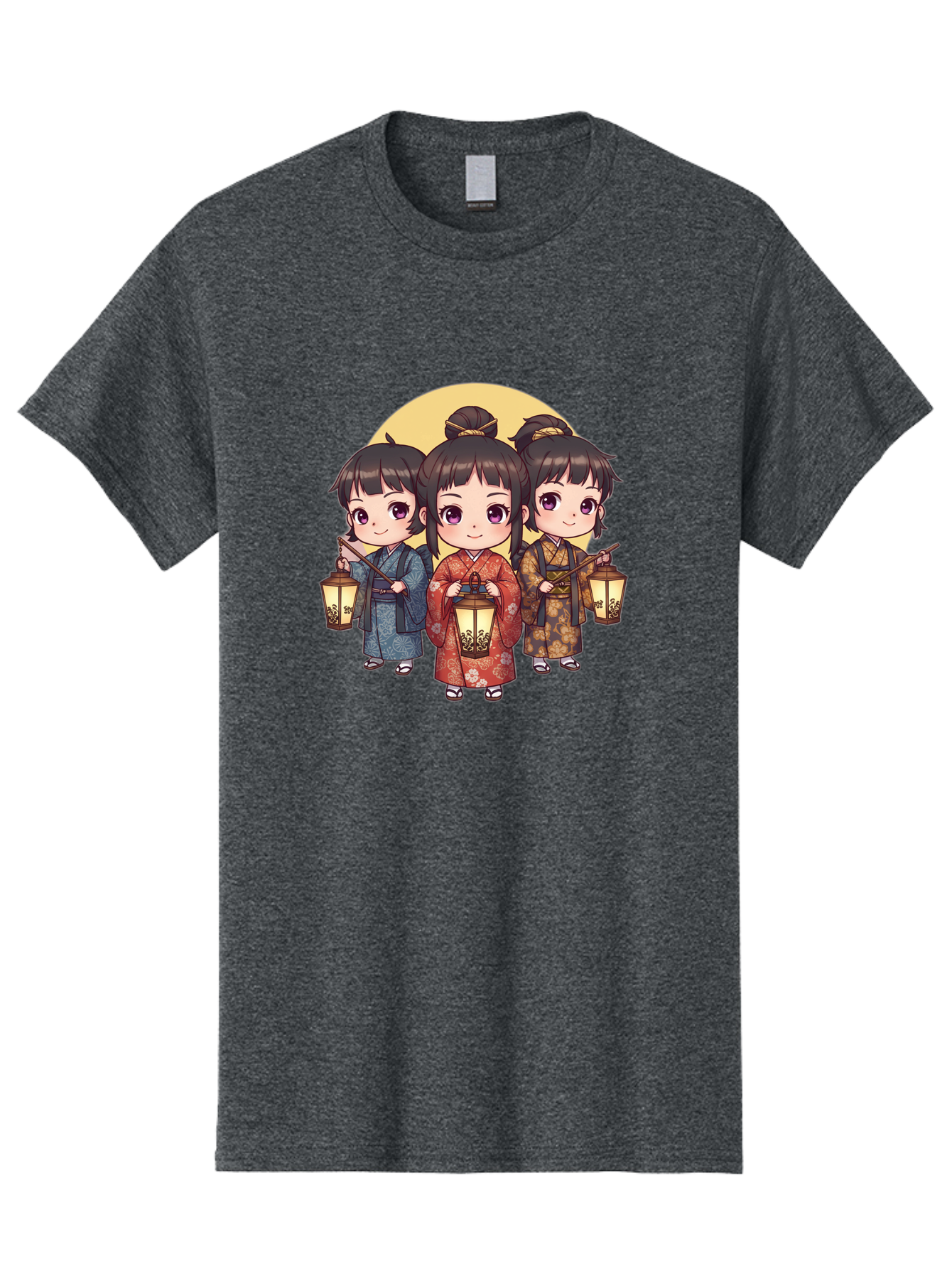 Three-Girls-In-Kimonos Men'S Graphic Tee, 100% Cotton, Comfortable Casual Summer Wear, Machine Washable, Children In Traditional Clothing, Holding Lanterns, Japanese Culture, Kimonos, Full Moon, Cartoon Illustration, Cute Kids, Bad837