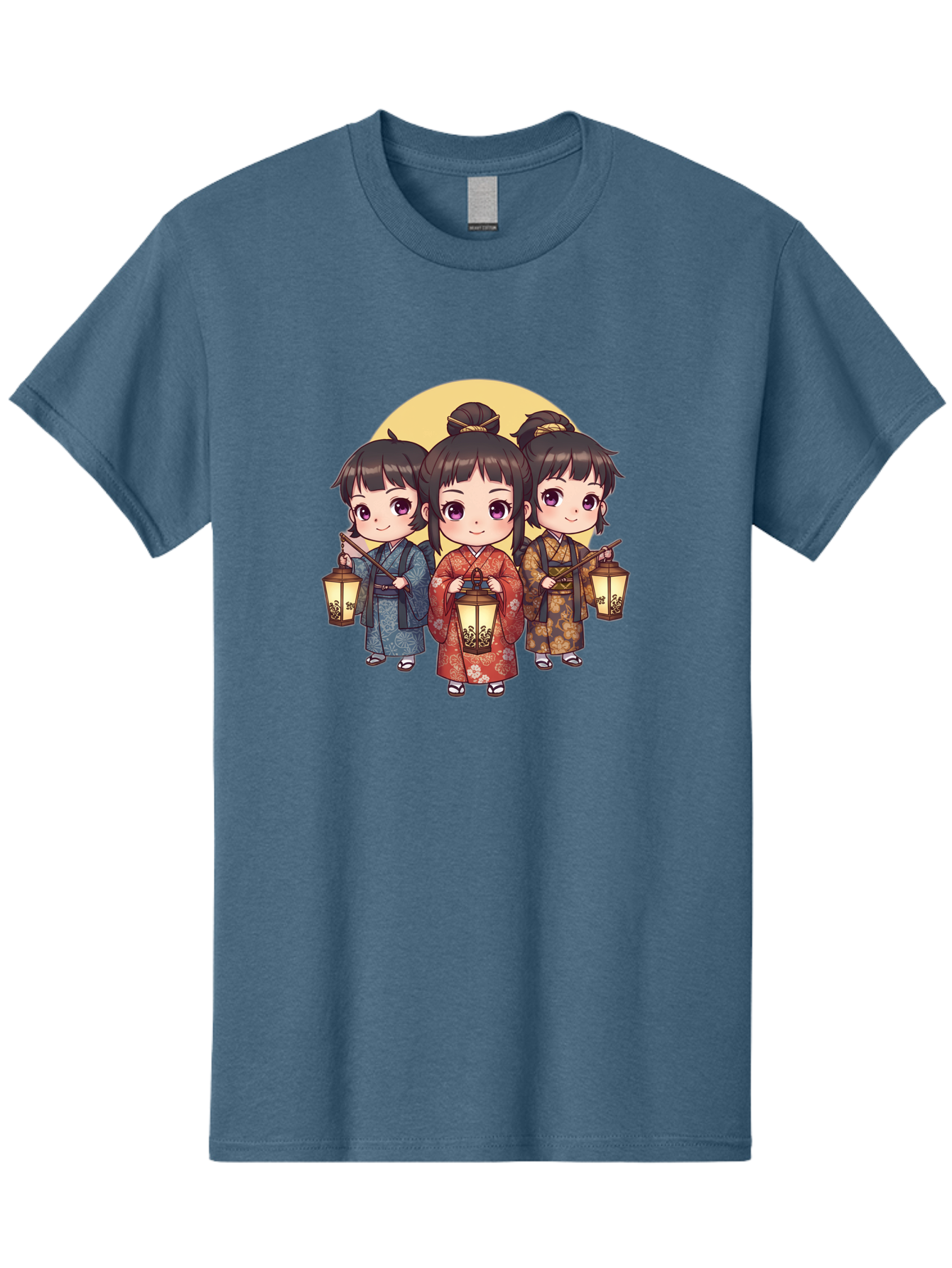 Three-Girls-In-Kimonos Men'S Graphic Tee, 100% Cotton, Comfortable Casual Summer Wear, Machine Washable, Children In Traditional Clothing, Holding Lanterns, Japanese Culture, Kimonos, Full Moon, Cartoon Illustration, Cute Kids, Bad837