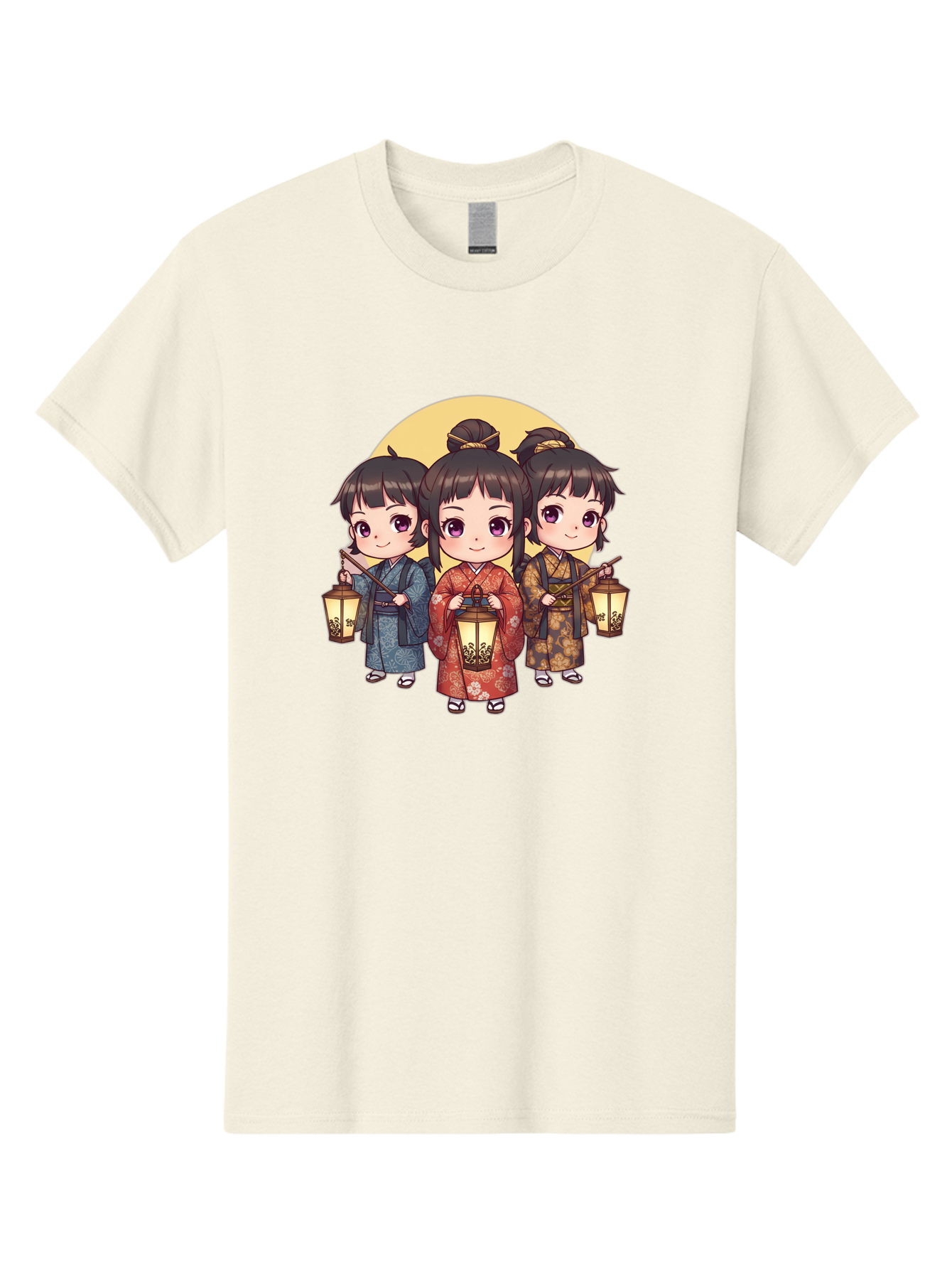 Three-Girls-In-Kimonos Men'S Graphic Tee, 100% Cotton, Comfortable Casual Summer Wear, Machine Washable, Children In Traditional Clothing, Holding Lanterns, Japanese Culture, Kimonos, Full Moon, Cartoon Illustration, Cute Kids, Bad837