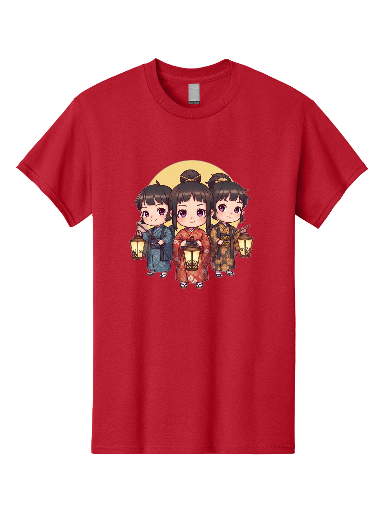 Three-Girls-In-Kimonos Men'S Graphic Tee, 100% Cotton, Comfortable Casual Summer Wear, Machine Washable, Children In Traditional Clothing, Holding Lanterns, Japanese Culture, Kimonos, Full Moon, Cartoon Illustration, Cute Kids, Bad837