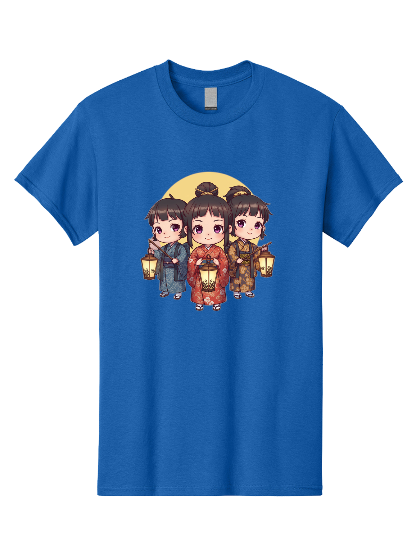 Three-Girls-In-Kimonos Men'S Graphic Tee, 100% Cotton, Comfortable Casual Summer Wear, Machine Washable, Children In Traditional Clothing, Holding Lanterns, Japanese Culture, Kimonos, Full Moon, Cartoon Illustration, Cute Kids, Bad837