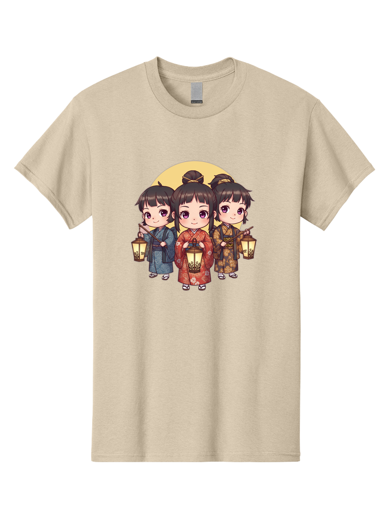 Three-Girls-In-Kimonos Men'S Graphic Tee, 100% Cotton, Comfortable Casual Summer Wear, Machine Washable, Children In Traditional Clothing, Holding Lanterns, Japanese Culture, Kimonos, Full Moon, Cartoon Illustration, Cute Kids, Bad837
