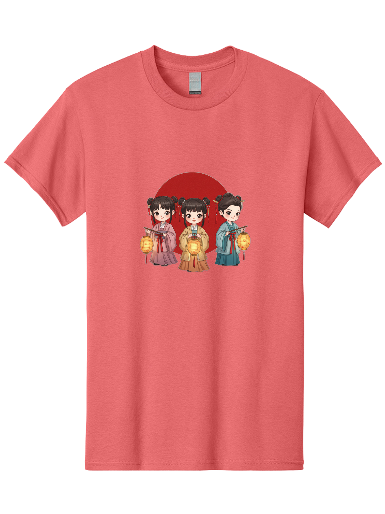 Three-Girls-With-Lanterns Men'S Graphic Tee, 100% Cotton, Comfortable Casual Summer Wear, Machine Washable, Traditional Chinese Clothing, Young Girls, Lanterns, Festive Atmosphere, Cultural Heritage, Red Circle, Chinese New Year, Celebration, Bad838
