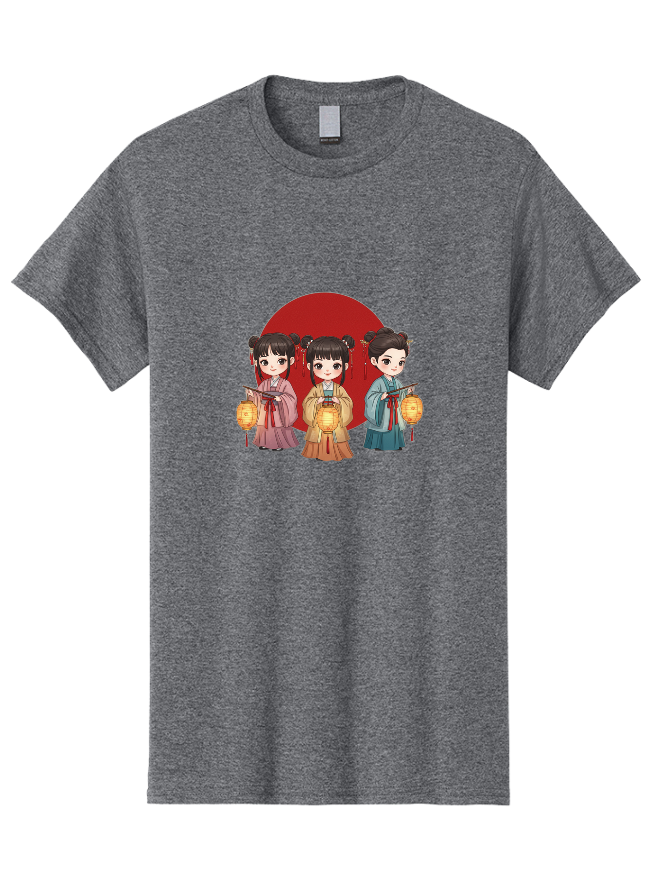 Three-Girls-With-Lanterns Men'S Graphic Tee, 100% Cotton, Comfortable Casual Summer Wear, Machine Washable, Traditional Chinese Clothing, Young Girls, Lanterns, Festive Atmosphere, Cultural Heritage, Red Circle, Chinese New Year, Celebration, Bad838