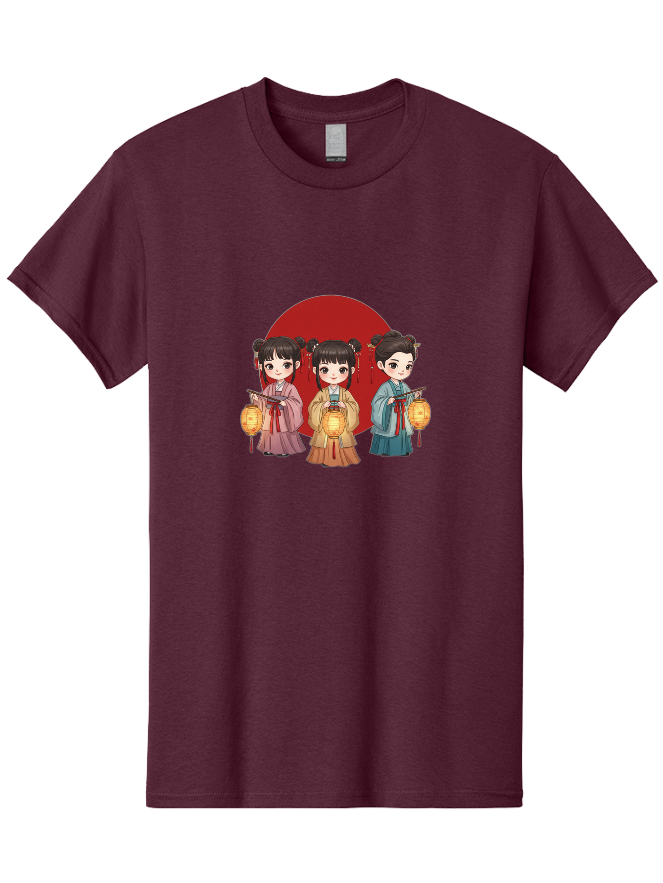 Three-Girls-With-Lanterns Men'S Graphic Tee, 100% Cotton, Comfortable Casual Summer Wear, Machine Washable, Traditional Chinese Clothing, Young Girls, Lanterns, Festive Atmosphere, Cultural Heritage, Red Circle, Chinese New Year, Celebration, Bad838