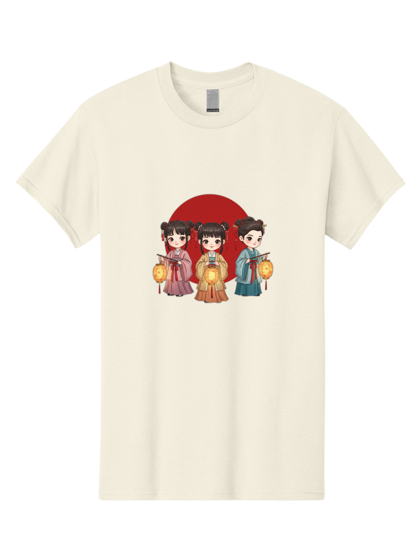 Three-Girls-With-Lanterns Men'S Graphic Tee, 100% Cotton, Comfortable Casual Summer Wear, Machine Washable, Traditional Chinese Clothing, Young Girls, Lanterns, Festive Atmosphere, Cultural Heritage, Red Circle, Chinese New Year, Celebration, Bad838