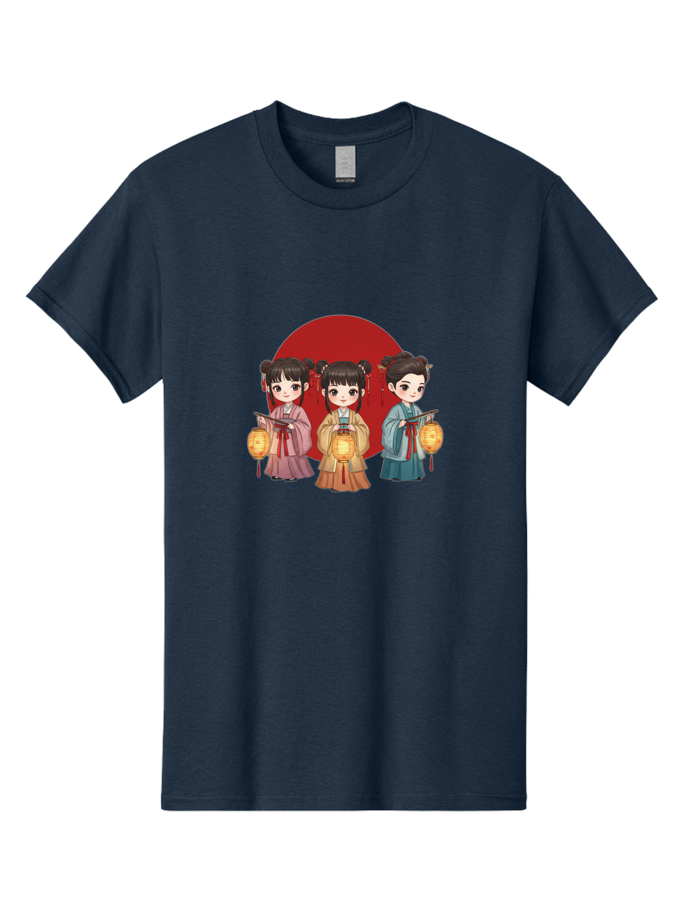 Three-Girls-With-Lanterns Men'S Graphic Tee, 100% Cotton, Comfortable Casual Summer Wear, Machine Washable, Traditional Chinese Clothing, Young Girls, Lanterns, Festive Atmosphere, Cultural Heritage, Red Circle, Chinese New Year, Celebration, Bad838